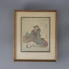 Antique Japanese Hokusai's Wood Block Print “Woman Doing Her Hair”