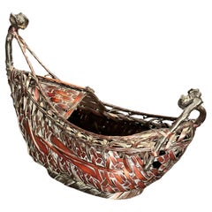 Antique Japanese Ikebana Boat Form Flower Basket