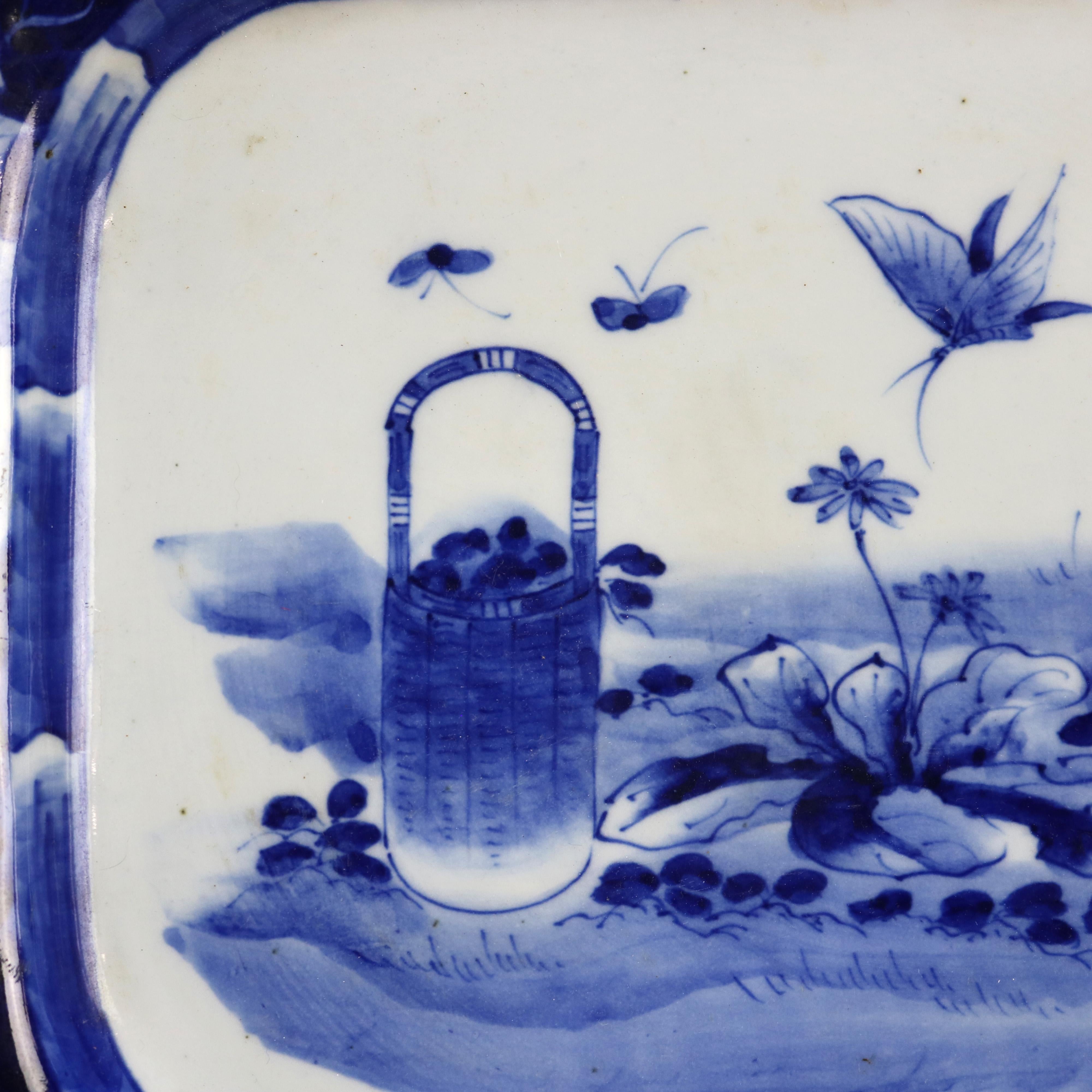 Asian Antique Japanese Imari Blue & White Porcelain Plate with Garden Scene C1920