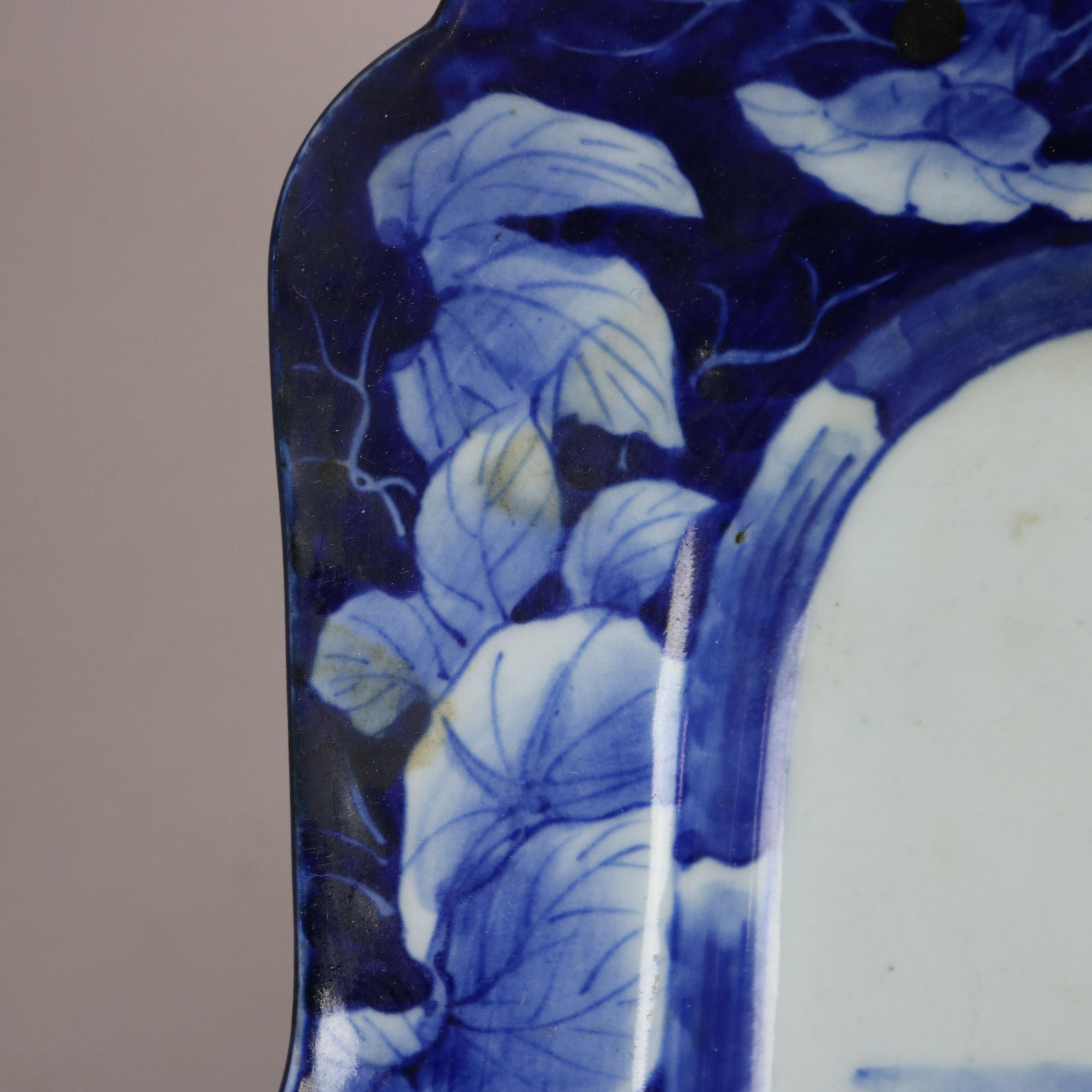 Antique Japanese Imari Blue & White Porcelain Plate with Garden Scene C1920 In Good Condition In Big Flats, NY