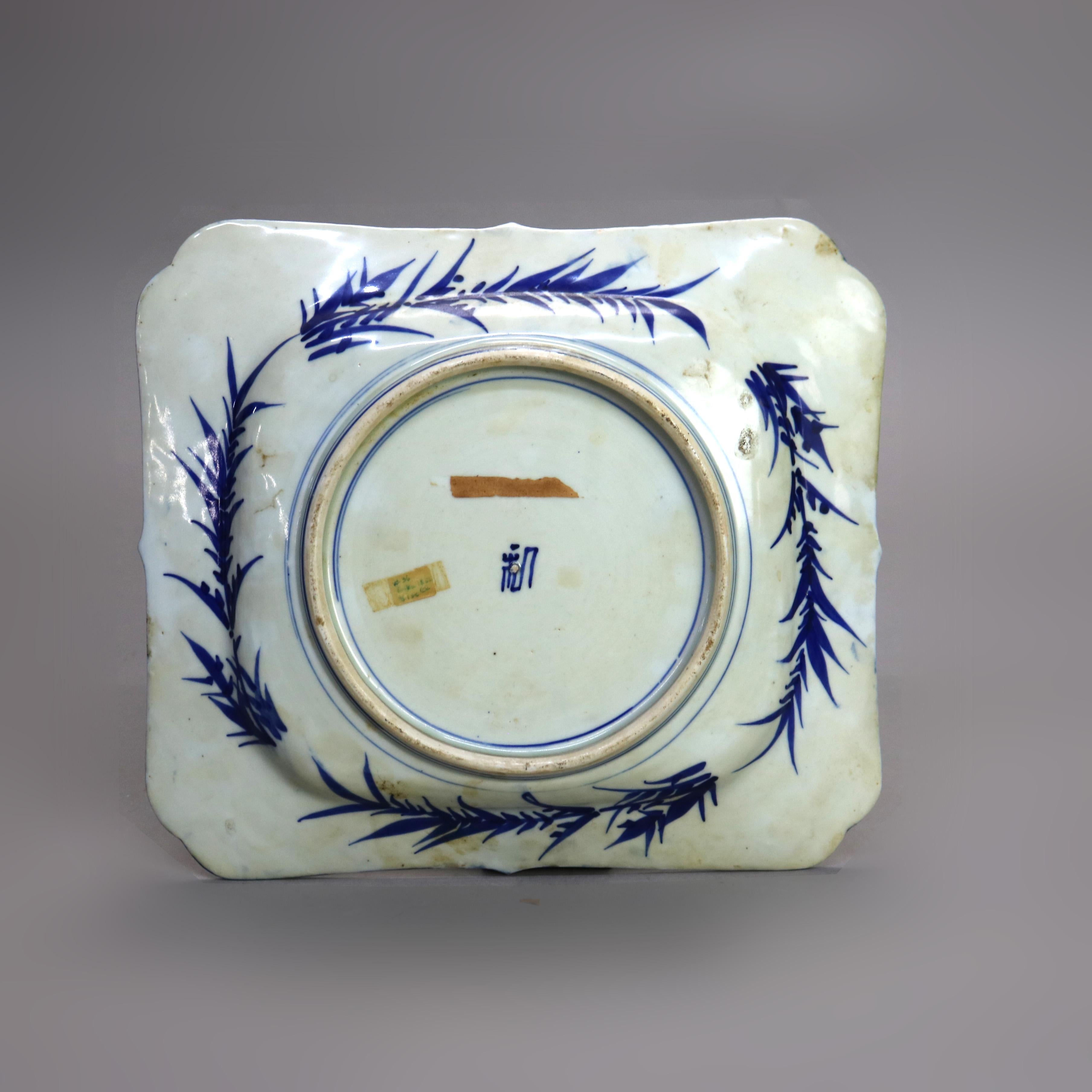 20th Century Antique Japanese Imari Blue & White Porcelain Plate with Garden Scene C1920