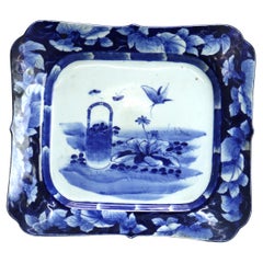 Antique Japanese Imari Blue & White Porcelain Plate with Garden Scene C1920