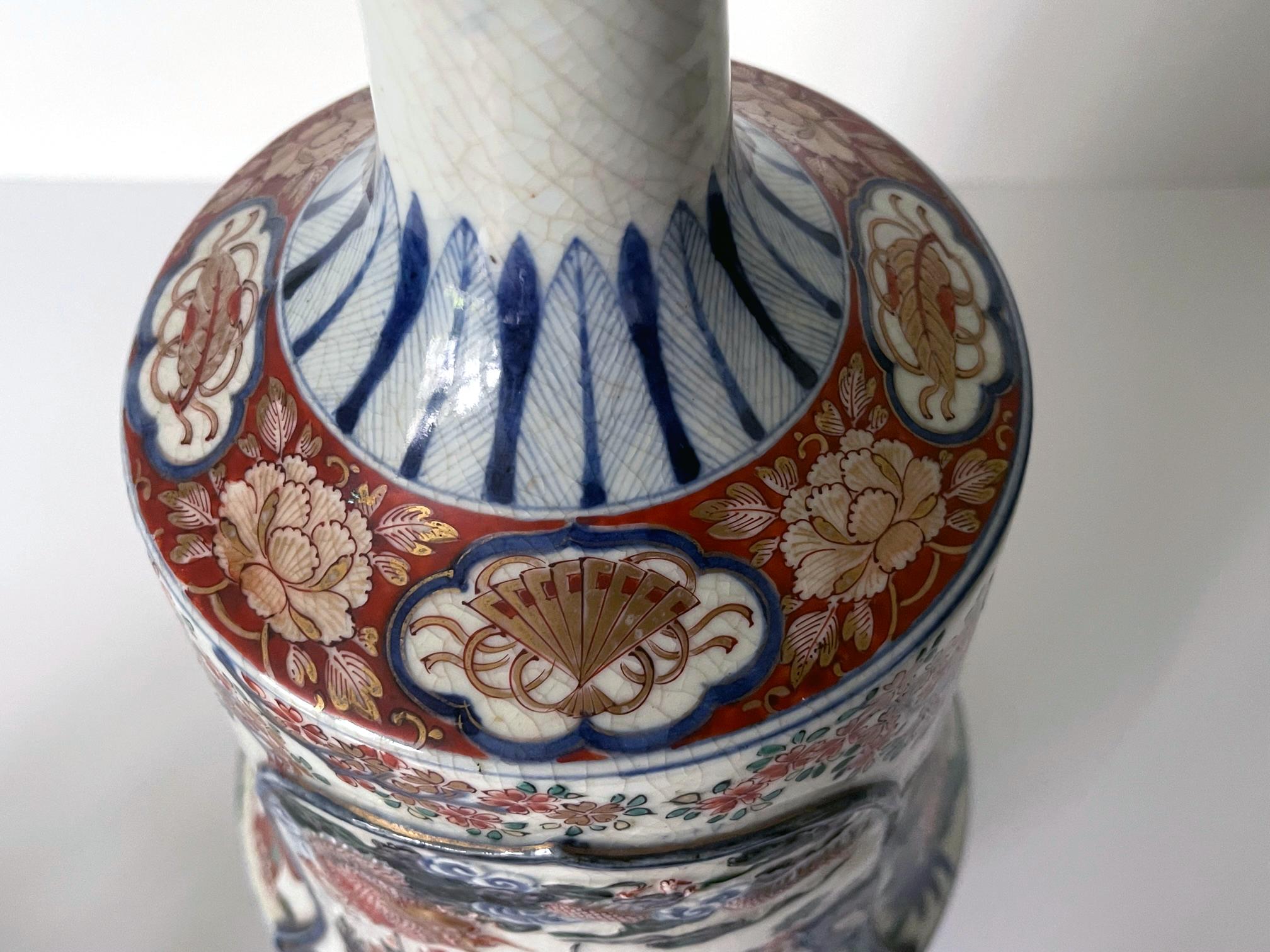 Antique Japanese Imari Bottle Vase on Wood Stand For Sale 9