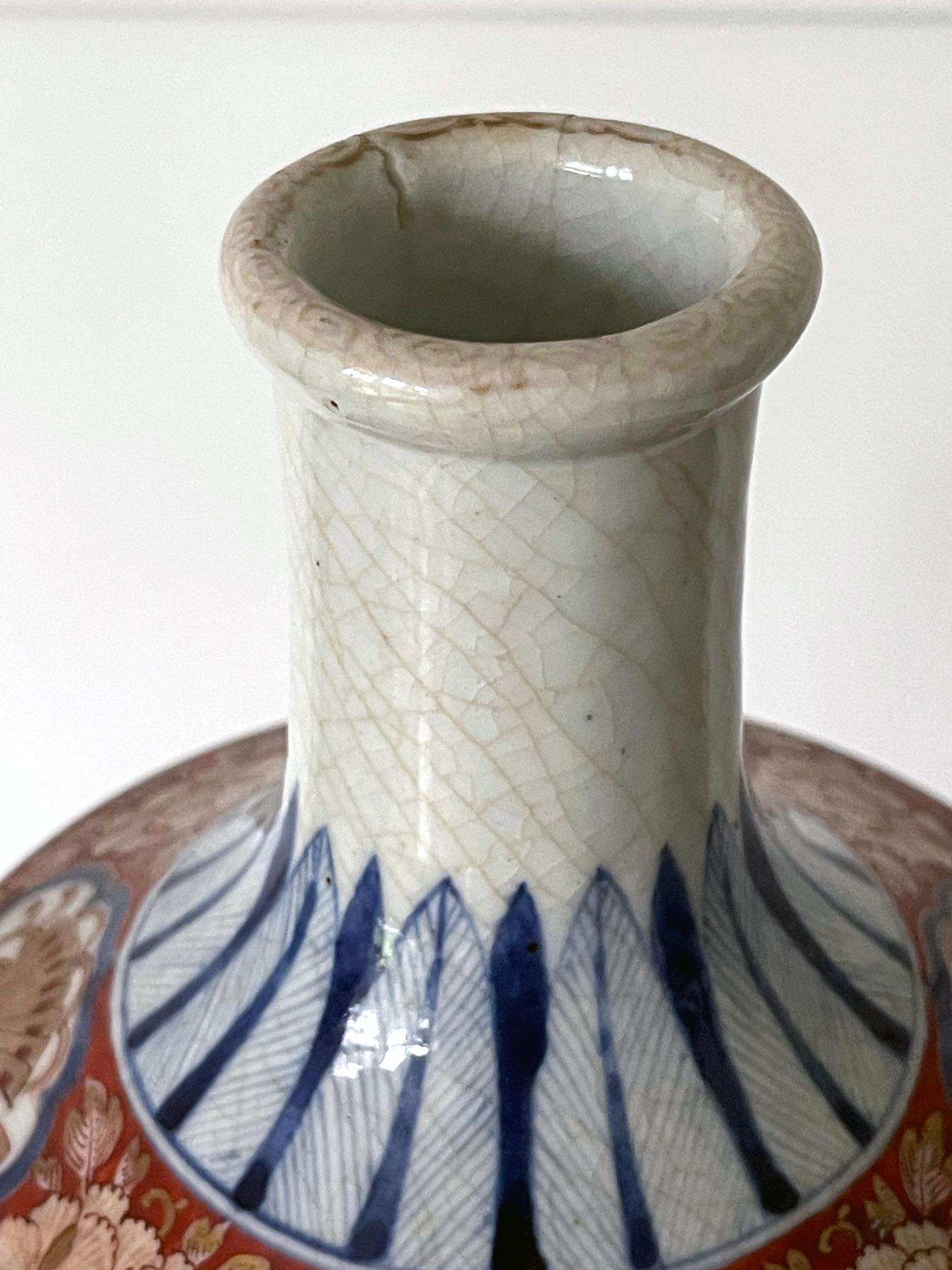 Antique Japanese Imari Bottle Vase on Wood Stand For Sale 11