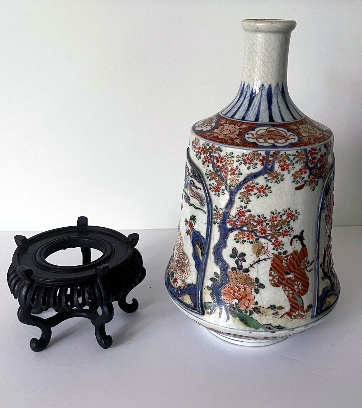 Antique Japanese Imari Bottle Vase on Wood Stand For Sale 13