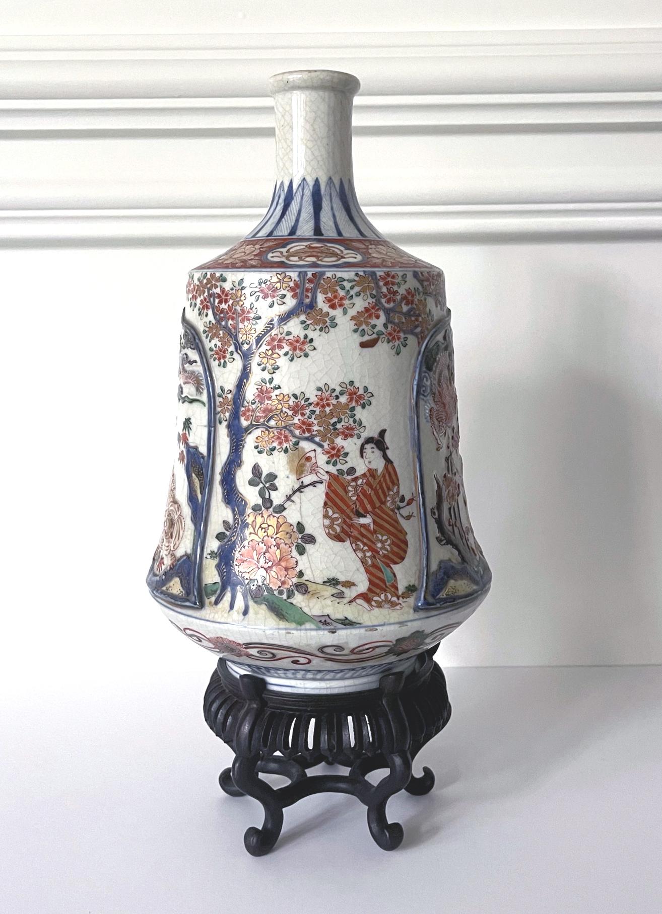 Meiji Antique Japanese Imari Bottle Vase on Wood Stand For Sale