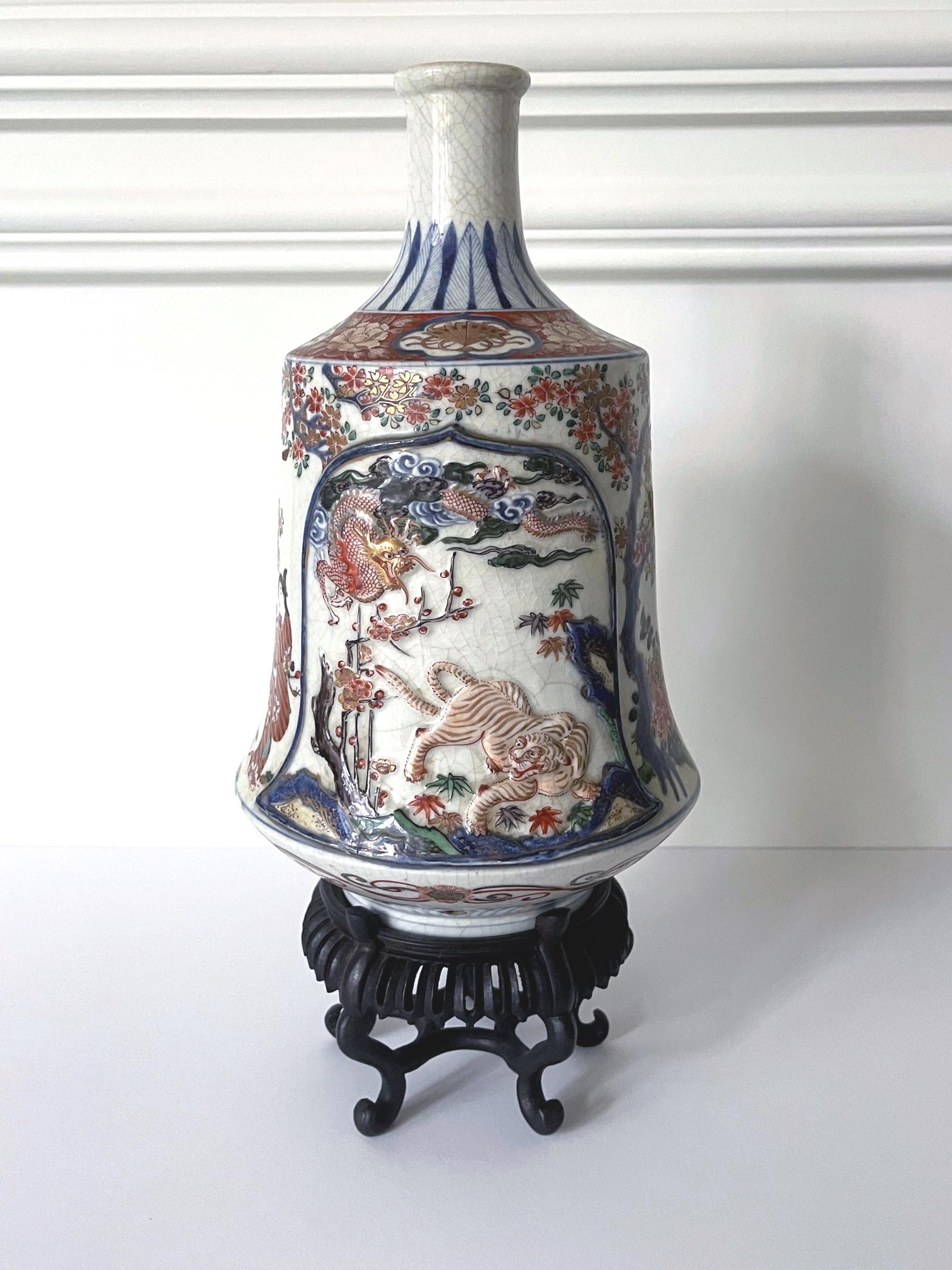 Glazed Antique Japanese Imari Bottle Vase on Wood Stand For Sale