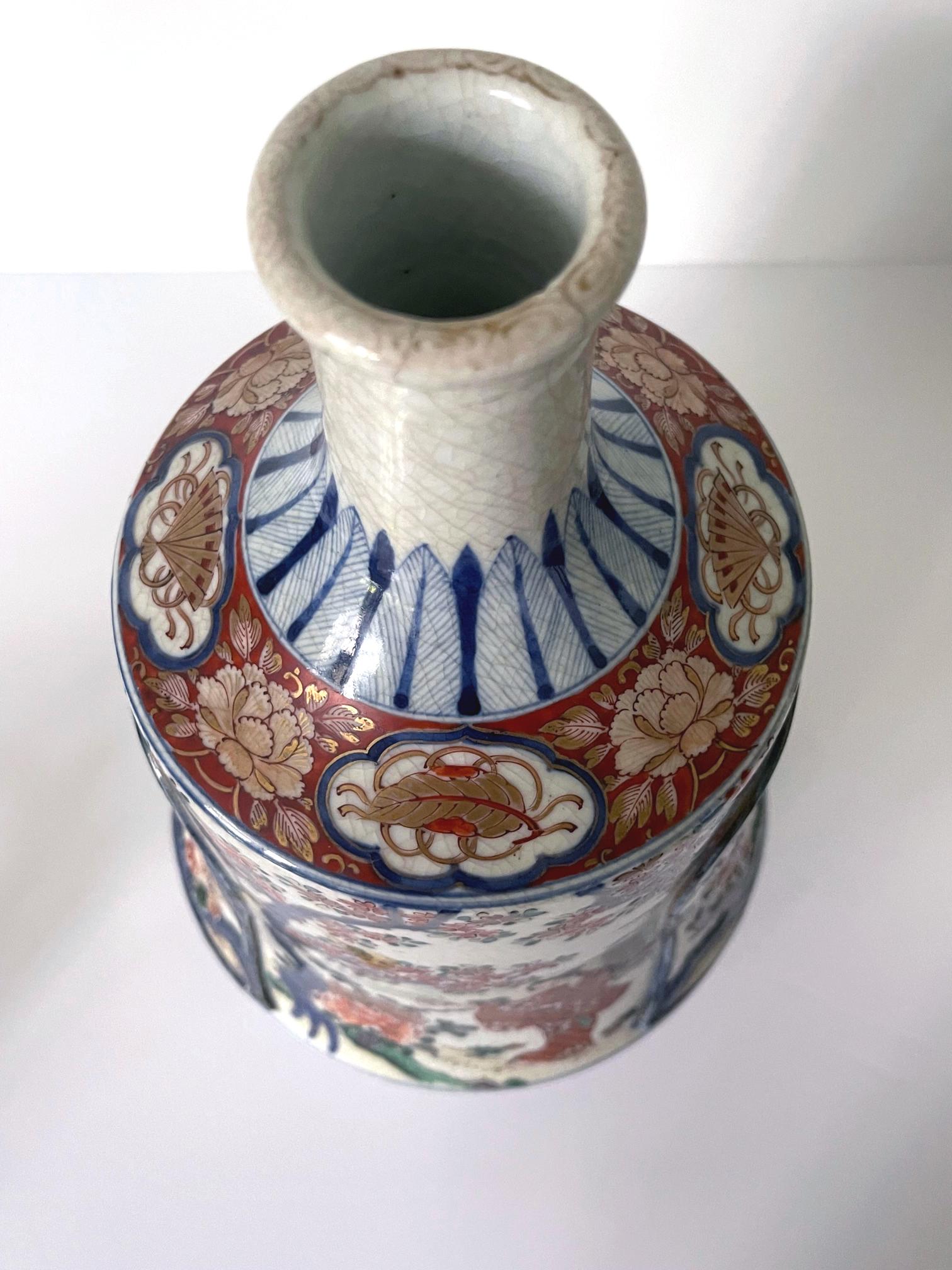 19th Century Antique Japanese Imari Bottle Vase on Wood Stand For Sale