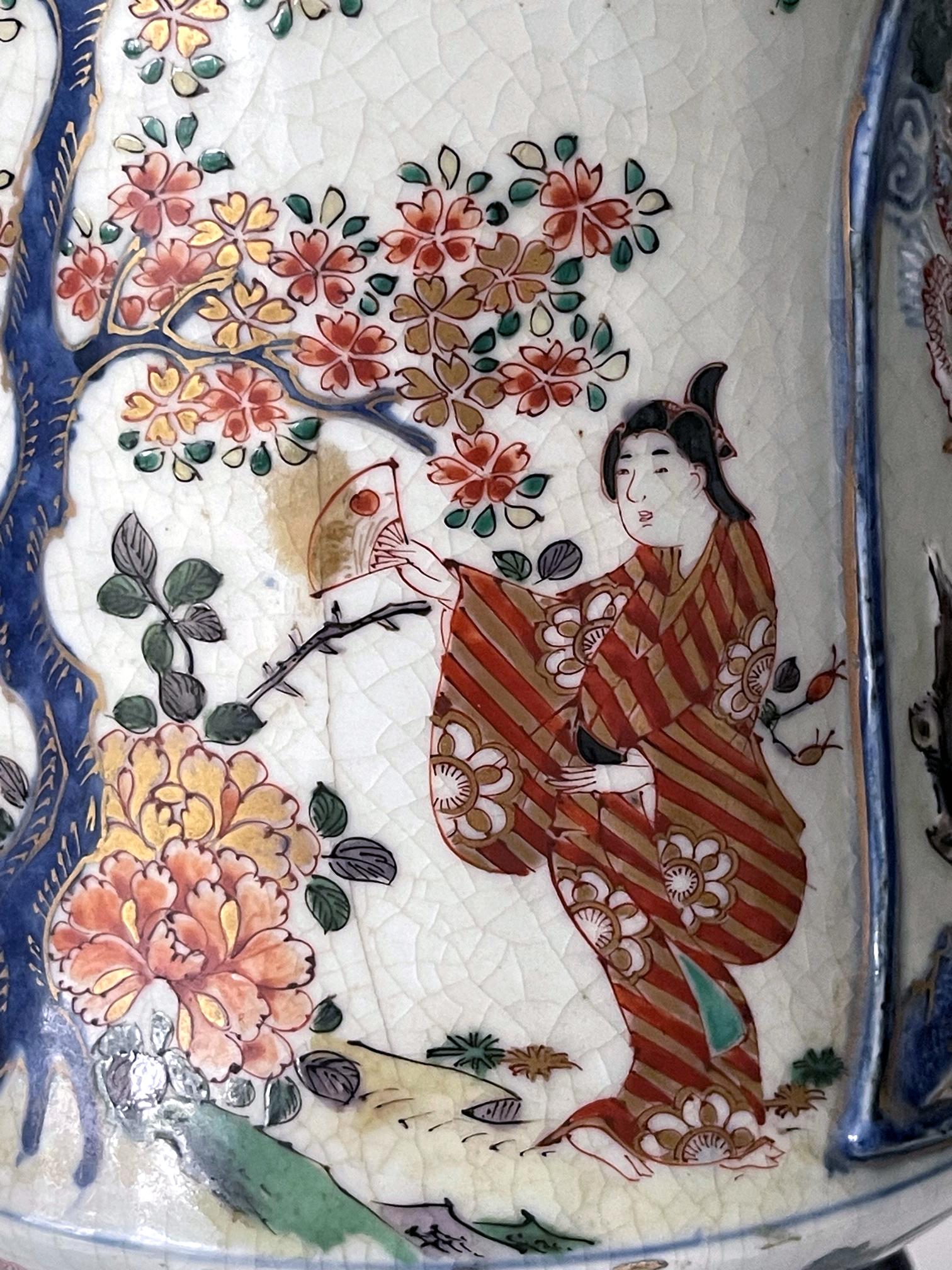 Ceramic Antique Japanese Imari Bottle Vase on Wood Stand For Sale