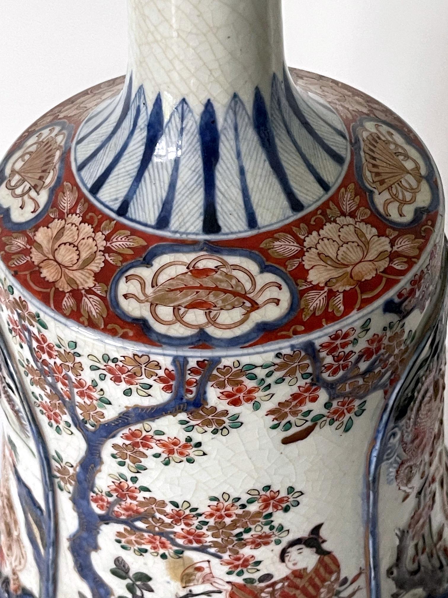 Antique Japanese Imari Bottle Vase on Wood Stand For Sale 2