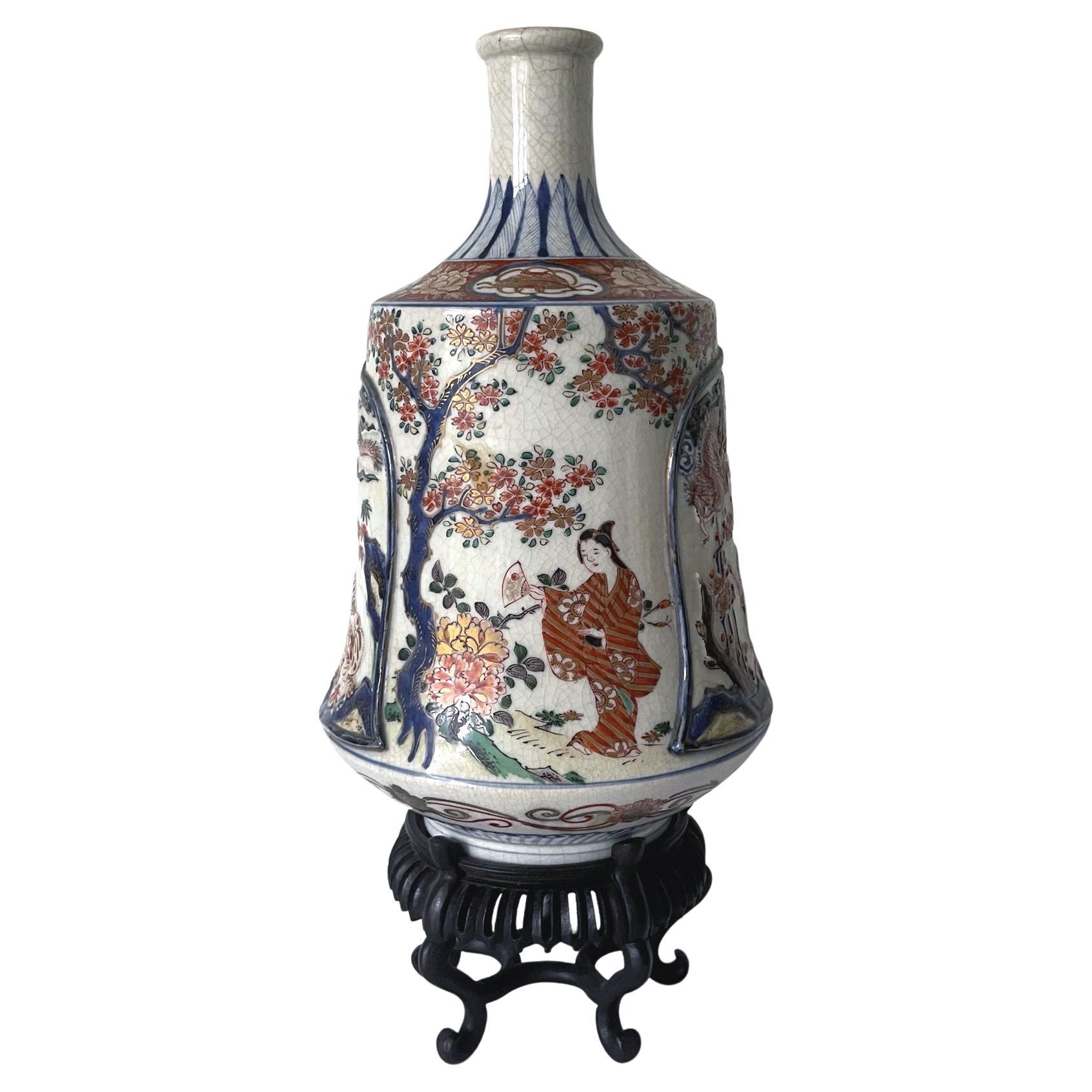 Antique Japanese Imari Bottle Vase on Wood Stand For Sale