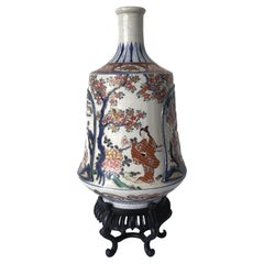 Antique Japanese Imari Bottle Vase on Wood Stand