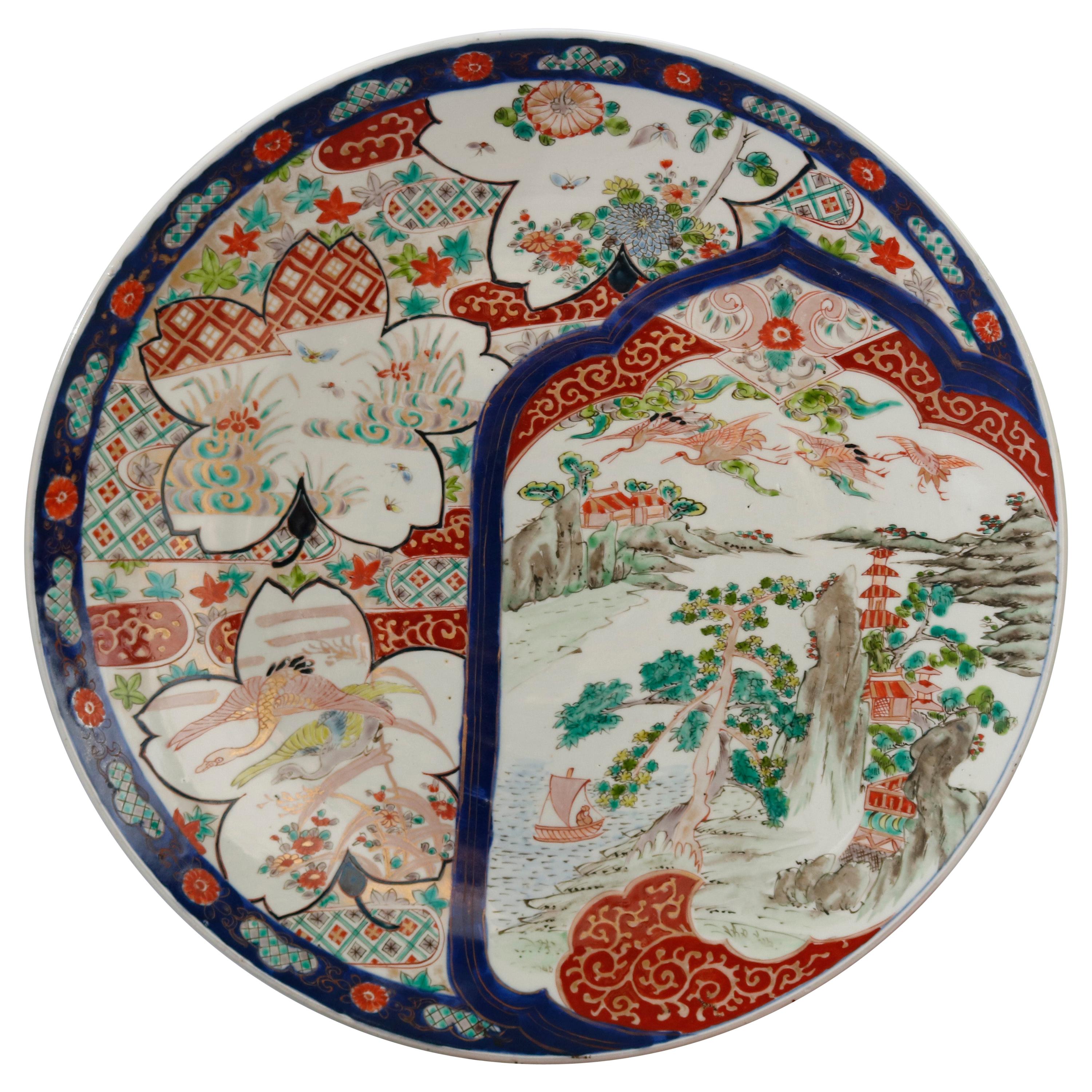 Antique Japanese Imari Hand Enameled Marsh Scene Porcelain Charger, circa 1920