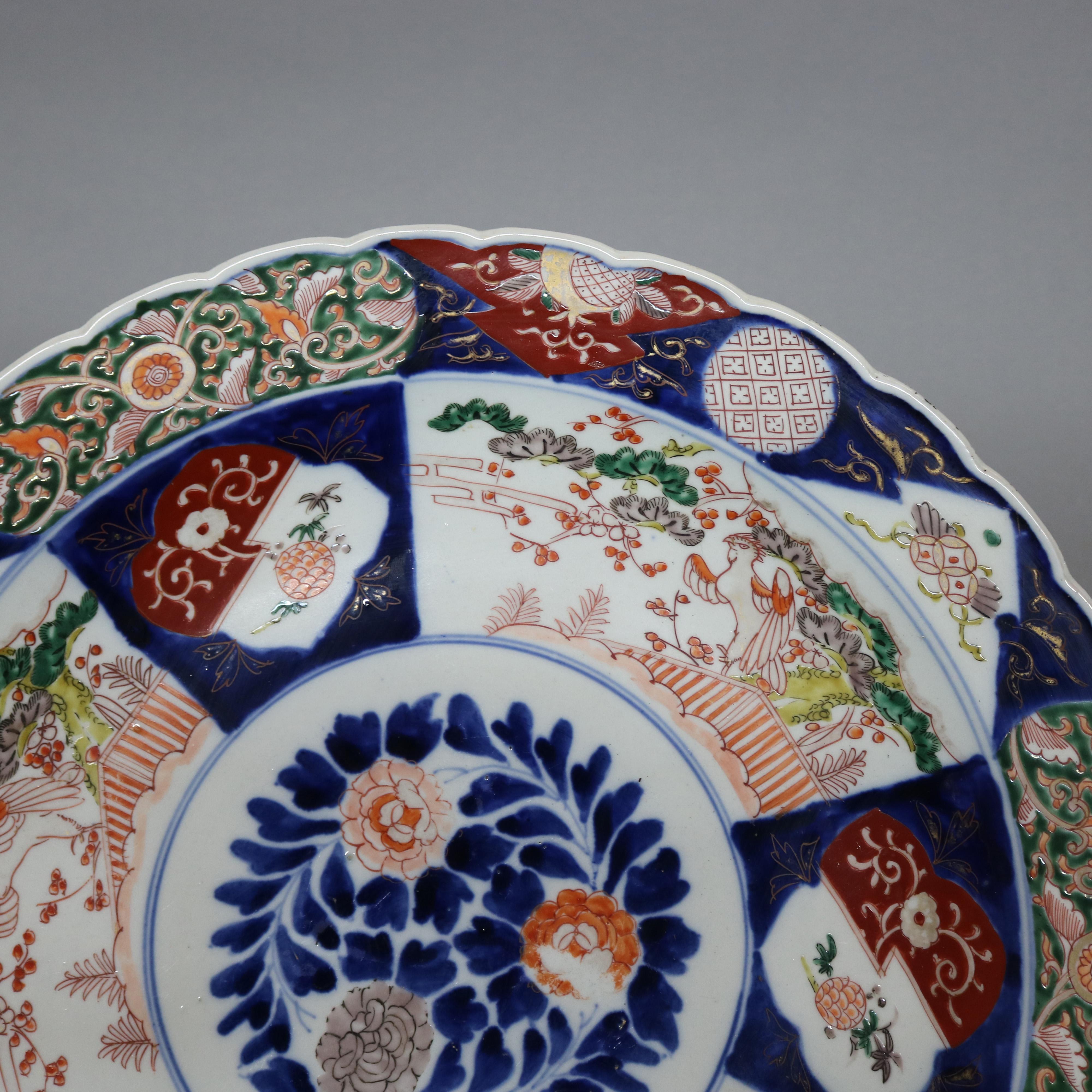 Antique Japanese Imari Hand Enameled Porcelain Charger, Garden Motif, c1900 In Good Condition In Big Flats, NY