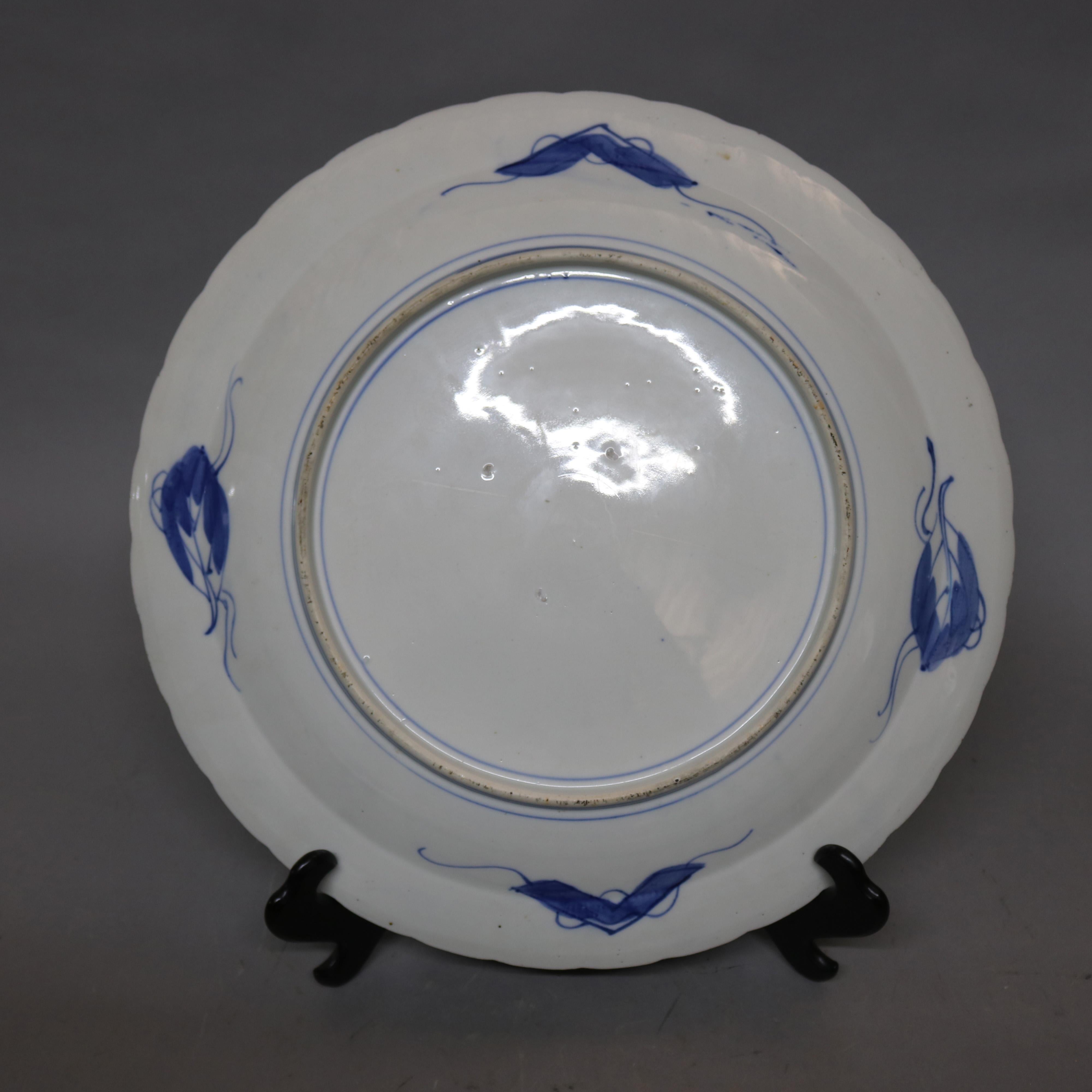 Ceramic Antique Japanese Imari Hand Enameled Porcelain Charger, Garden Motif, c1900