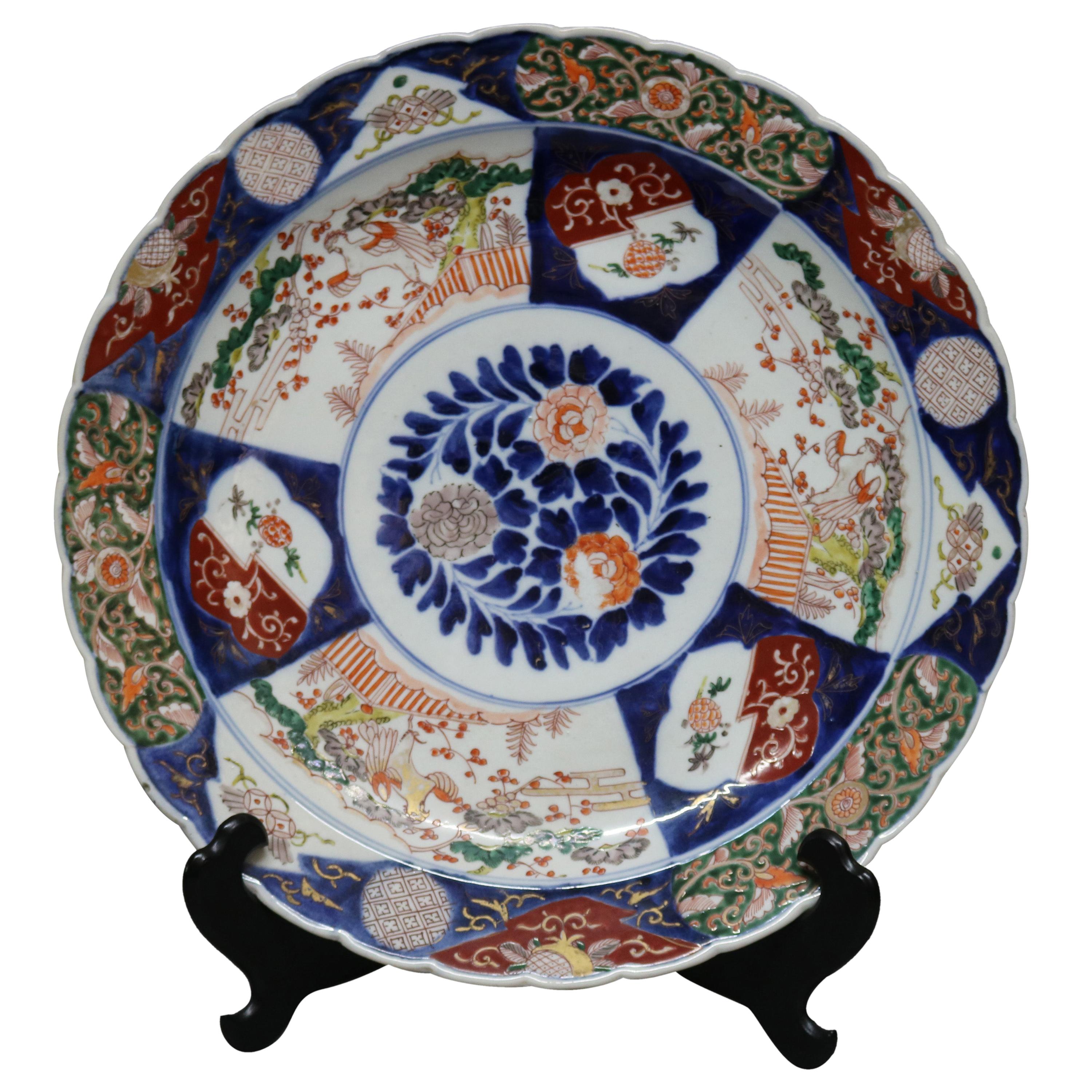 Antique Japanese Imari Hand Enameled Porcelain Charger, Garden Motif, c1900