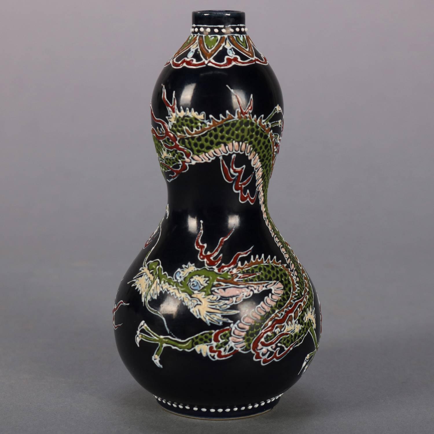 Antique Japanese Imari Hand Enameled Pottery Dragon Cabinet Vase, Signed 9
