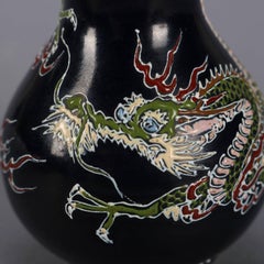 Antique Japanese Imari Hand Enameled Pottery Dragon Cabinet Vase, Signed