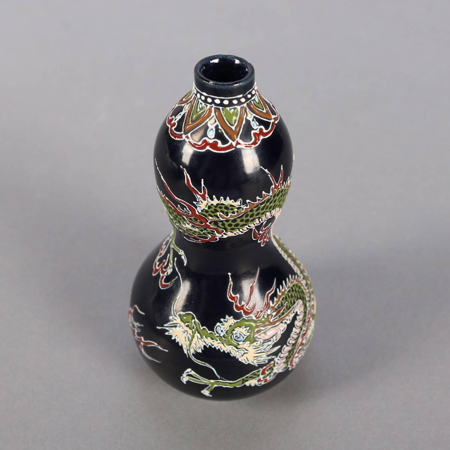 Antique Japanese Imari Hand Enameled Pottery Dragon Cabinet Vase, Signed In Good Condition In Big Flats, NY