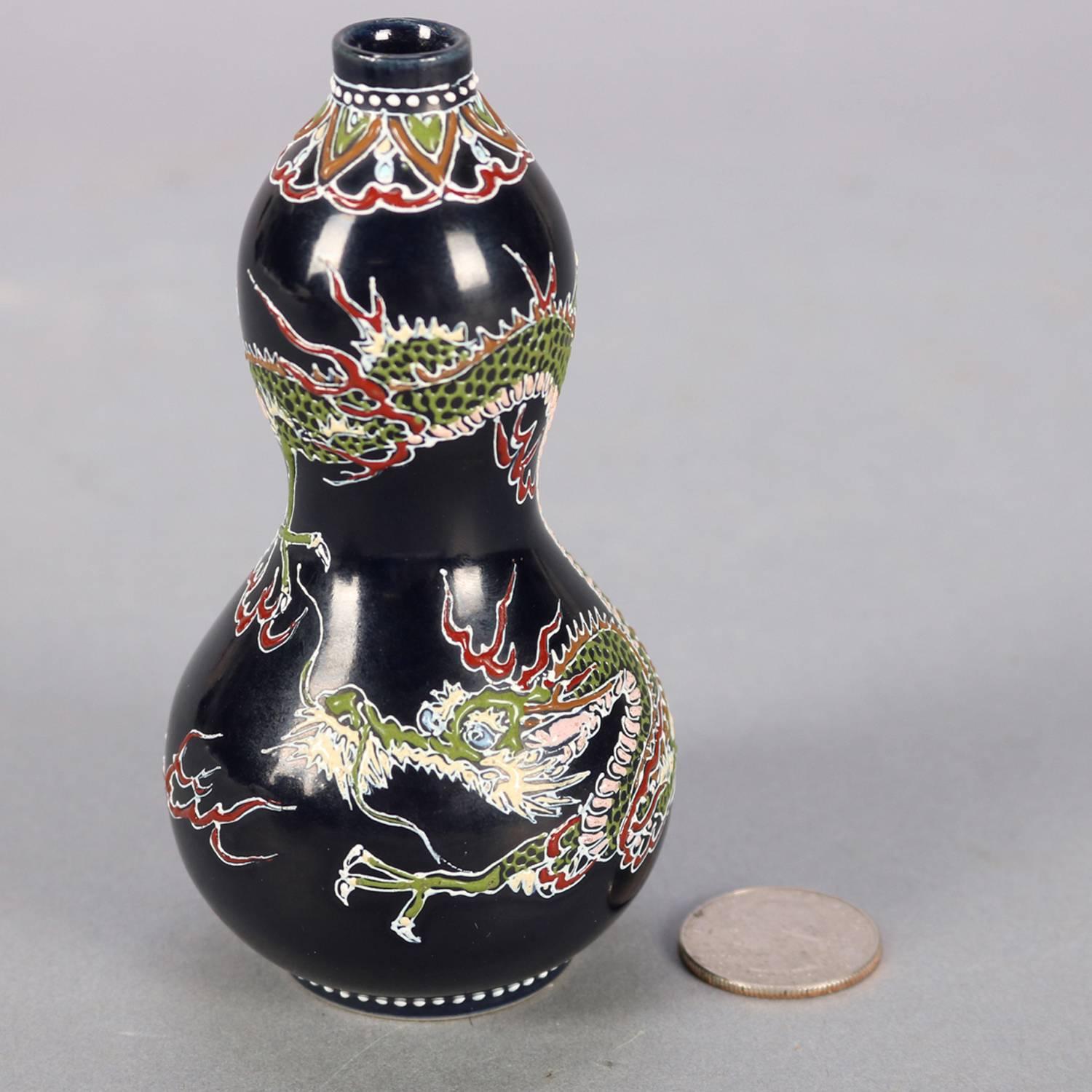 20th Century Antique Japanese Imari Hand Enameled Pottery Dragon Cabinet Vase, Signed
