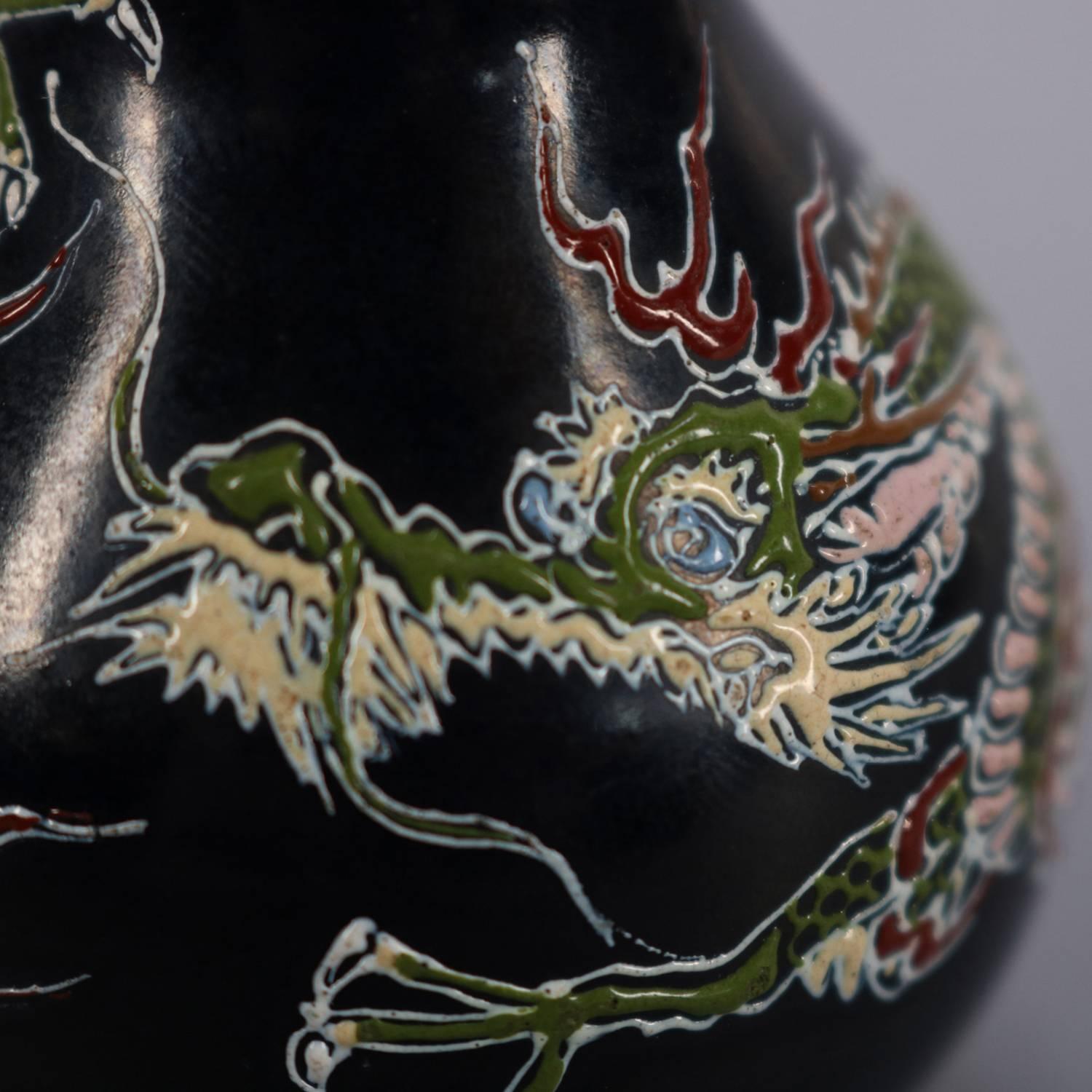 Antique Japanese Imari Hand Enameled Pottery Dragon Cabinet Vase, Signed 4