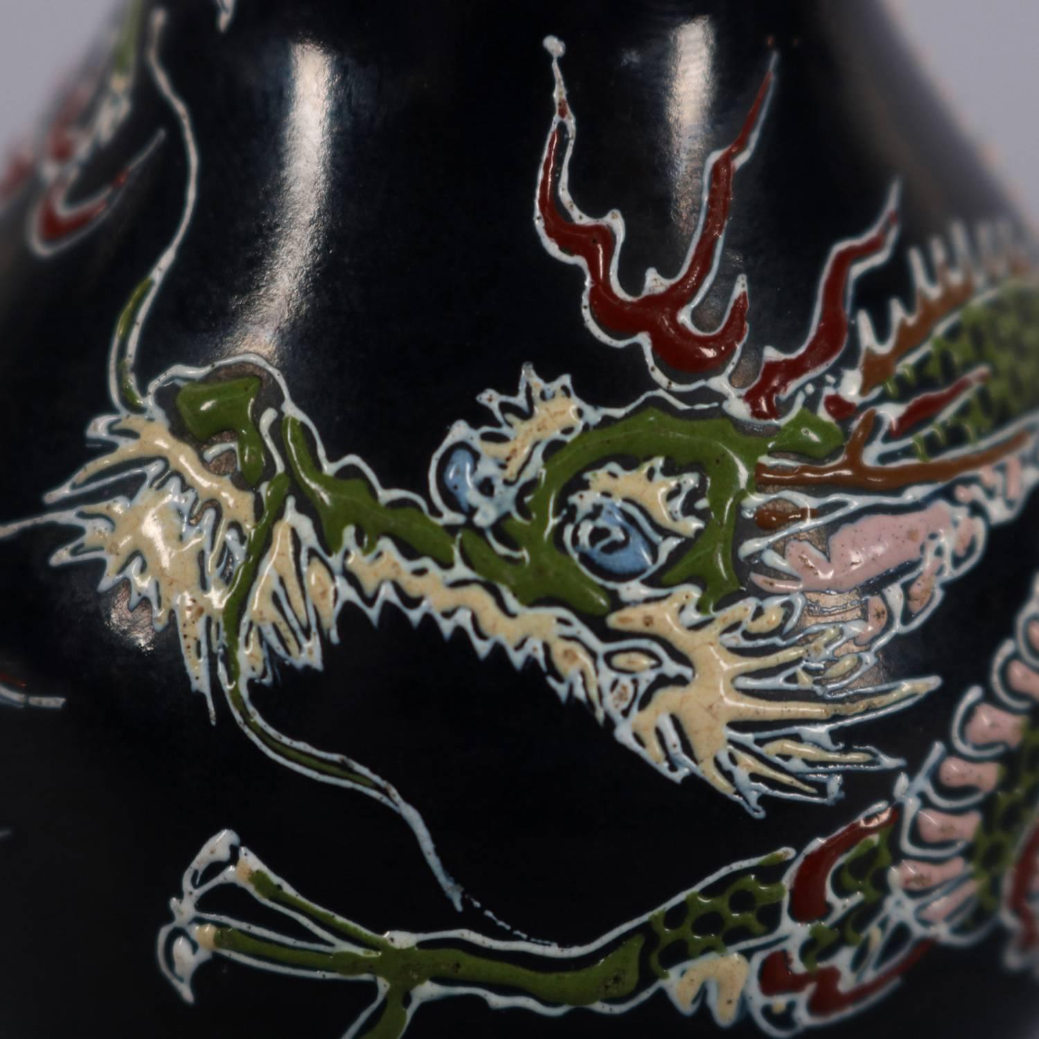 Antique Japanese Imari Hand Enameled Pottery Dragon Cabinet Vase, Signed 5