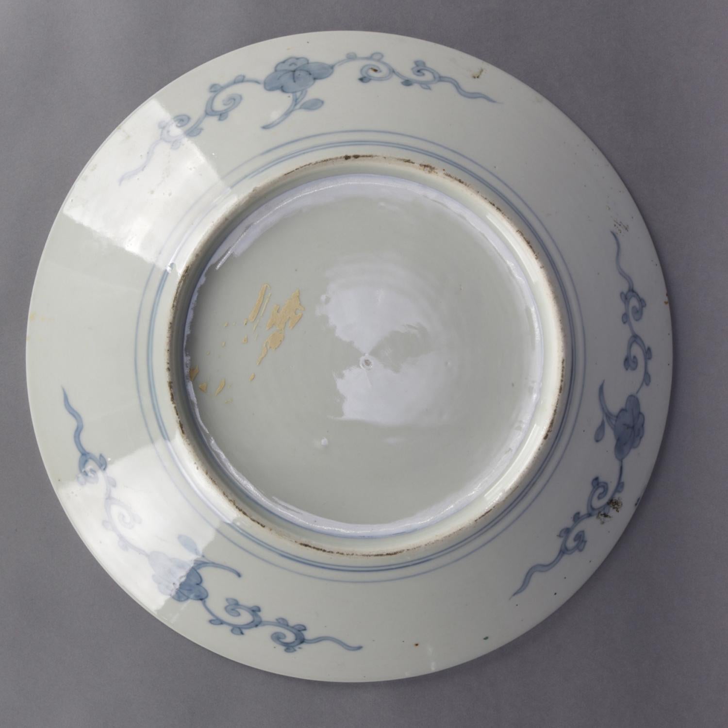 Antique Japanese Imari Hand Painted and Gilt Porcelain Charger with Garden In Good Condition In Big Flats, NY