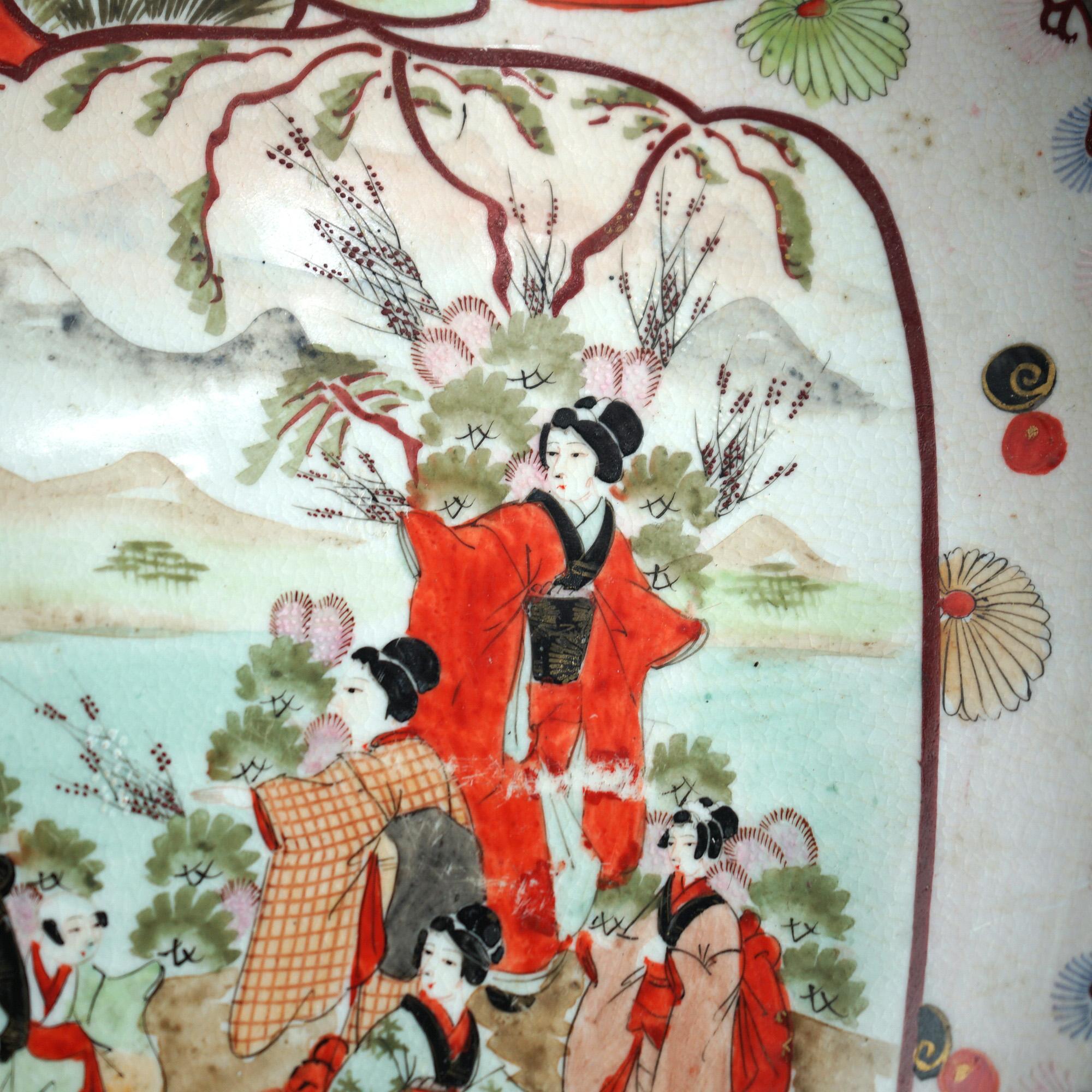 Metal Antique Japanese Imari Porcelain Charger with Garden & Genre Scenes C1920 For Sale
