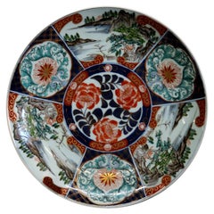 Antique Japanese Imari Porcelain Charger with Landscape Scenes, Signed
