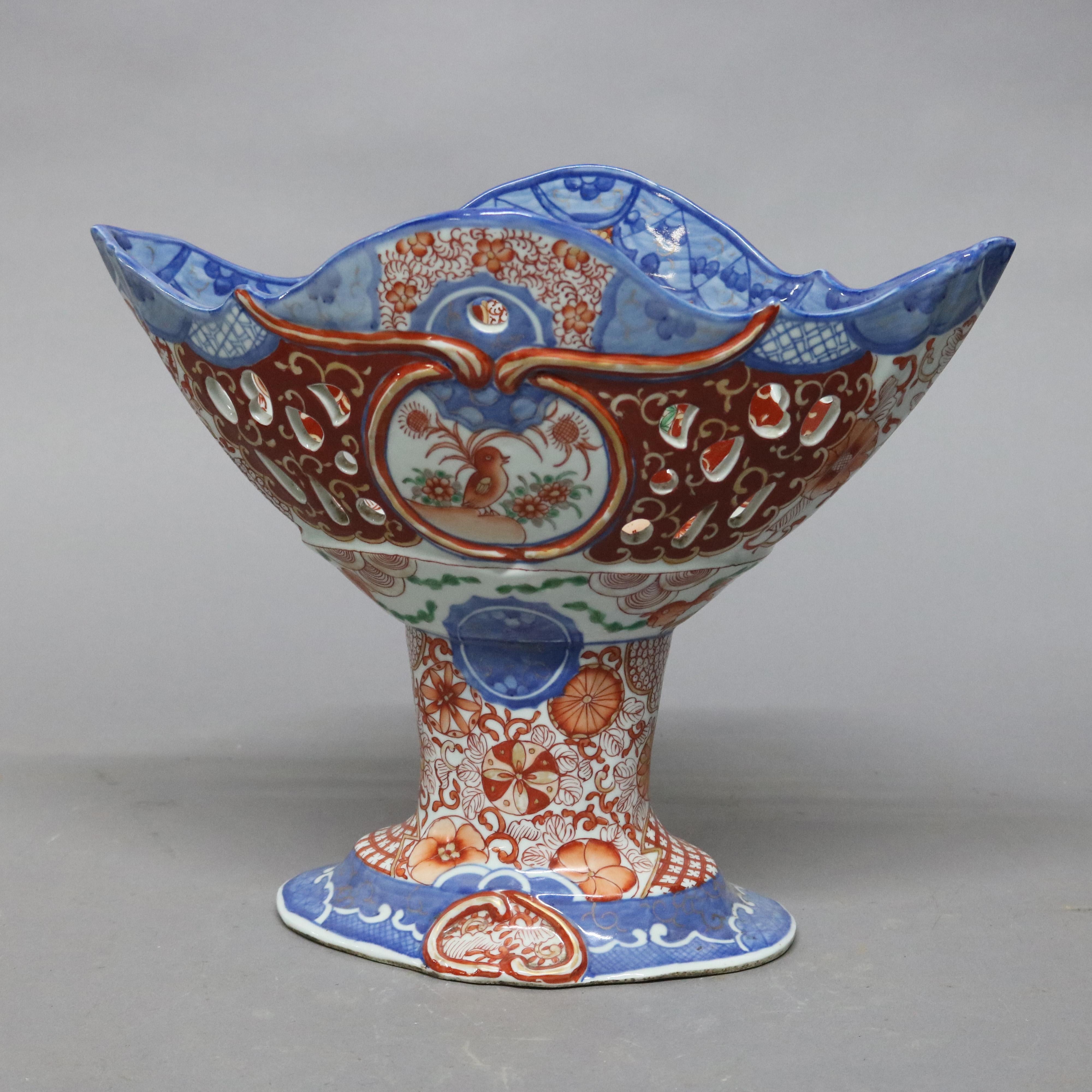 Hand-Painted Antique Japanese Imari Porcelain Reticulated Compote, circa 1900
