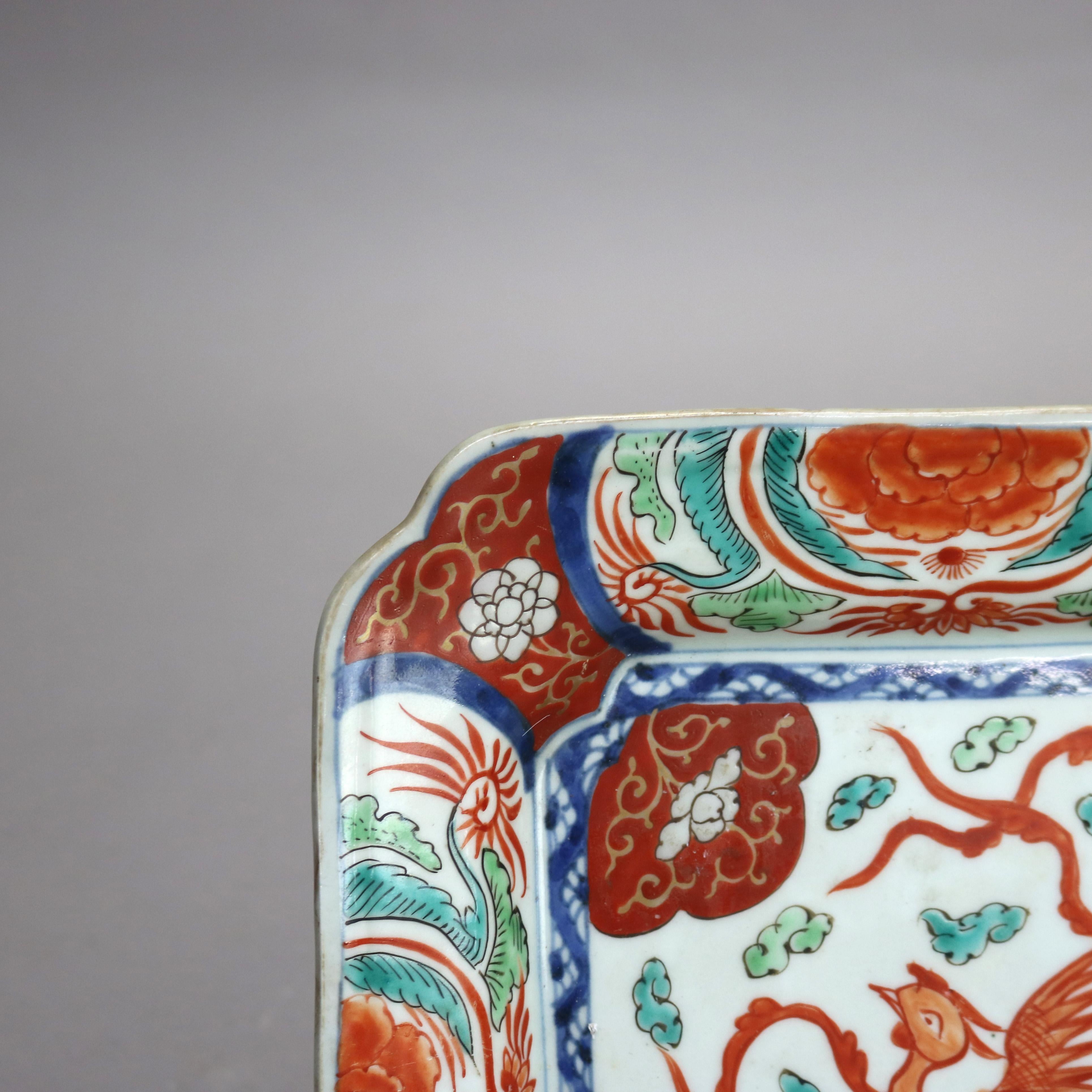 Antiguo Plato Cuadrado de Porcelana Imari Japonesa con Fénix C1910 Asiático
