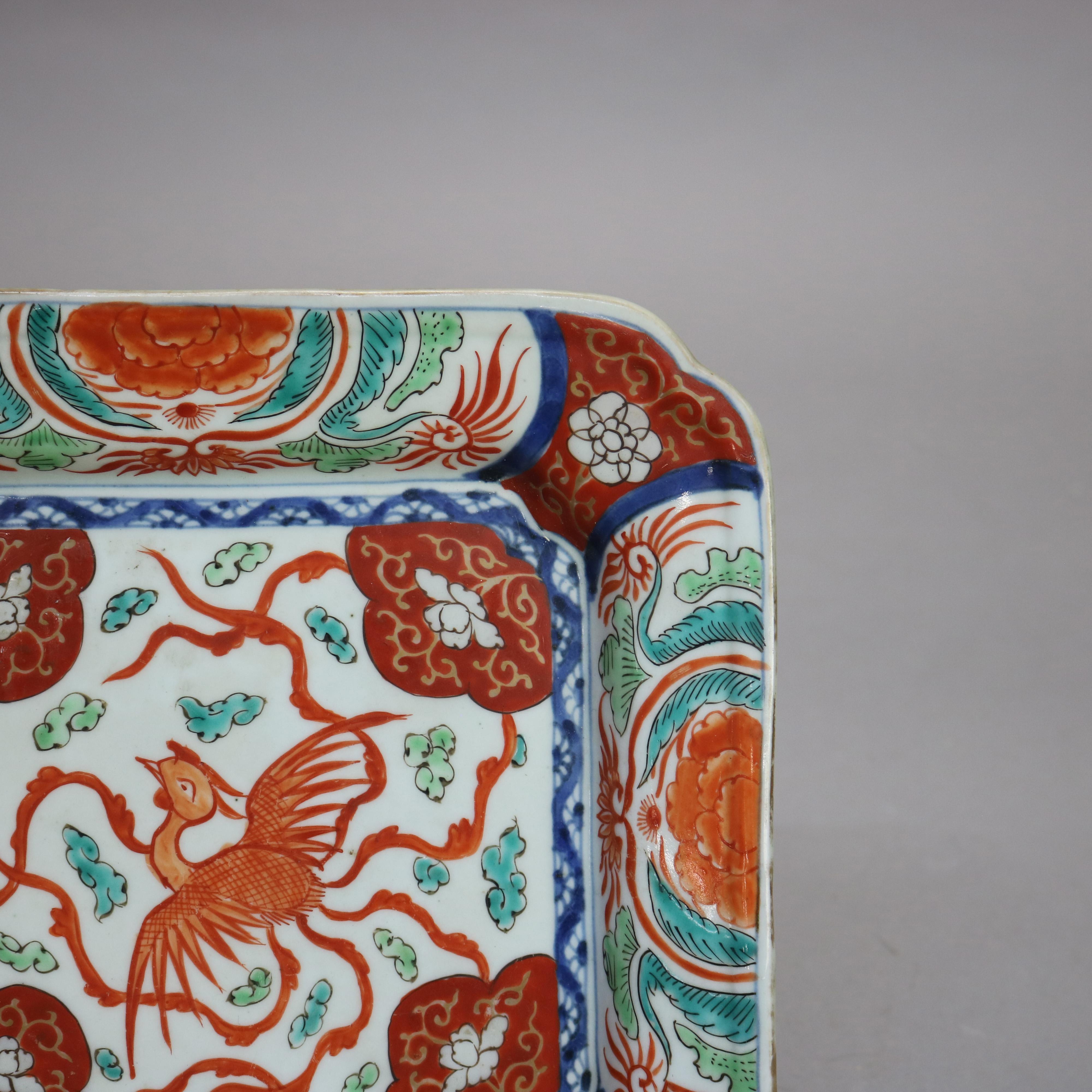 Antiguo Plato Cuadrado de Porcelana Imari Japonesa con Fénix C1910 en Bueno Estado en Big Flats, NY