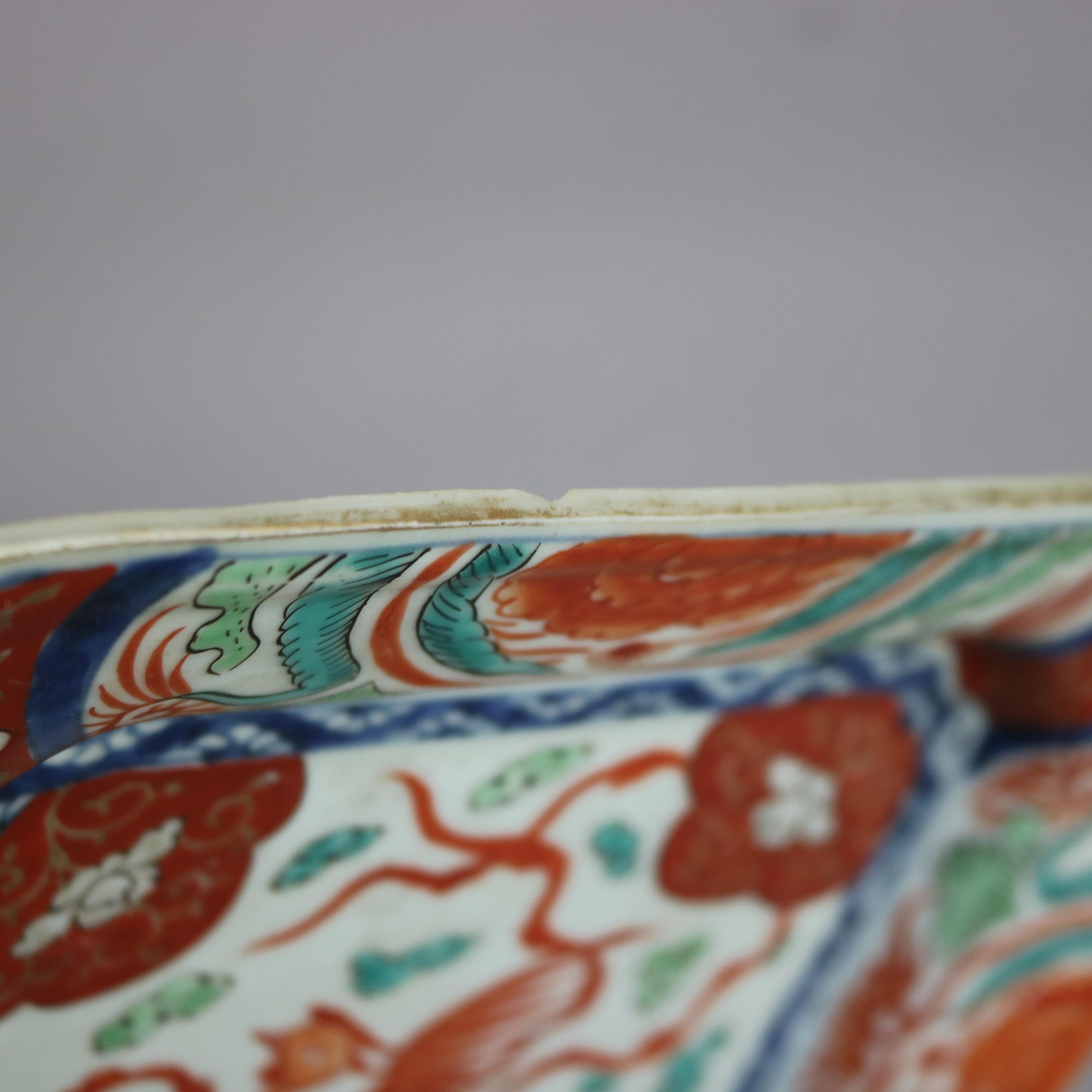 Antiguo Plato Cuadrado de Porcelana Imari Japonesa con Fénix C1910 siglo XX