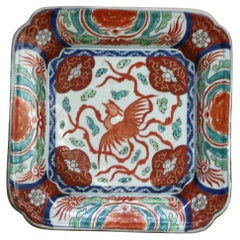 Antiguo Plato Cuadrado de Porcelana Imari Japonesa con Fénix C1910