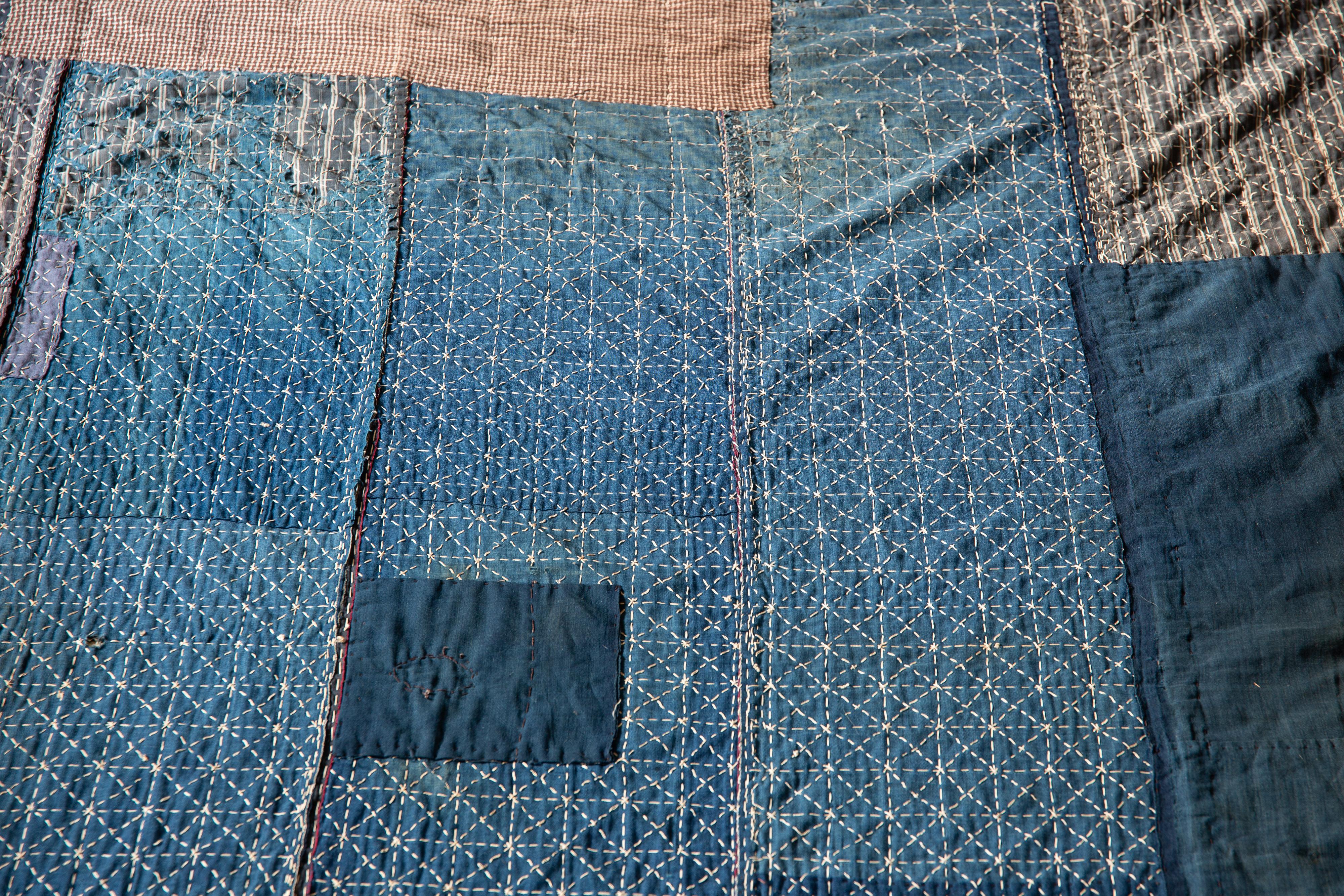 Antique Japanese Indigo Boro textile w/ Sashiko stitching abstract wabi sabi For Sale 1