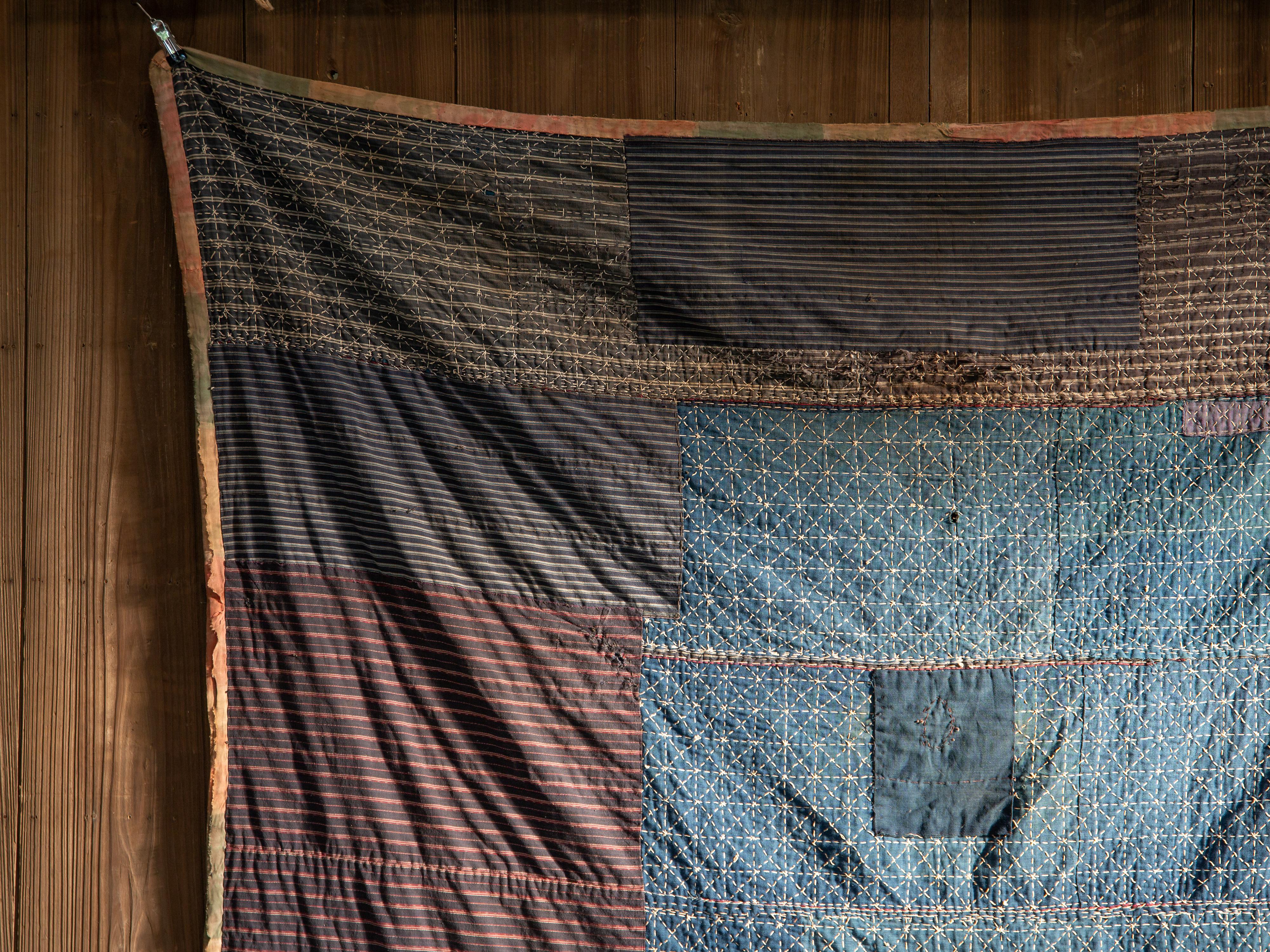 Antique Japanese Indigo Boro textile w/ Sashiko stitching abstract wabi sabi For Sale 5