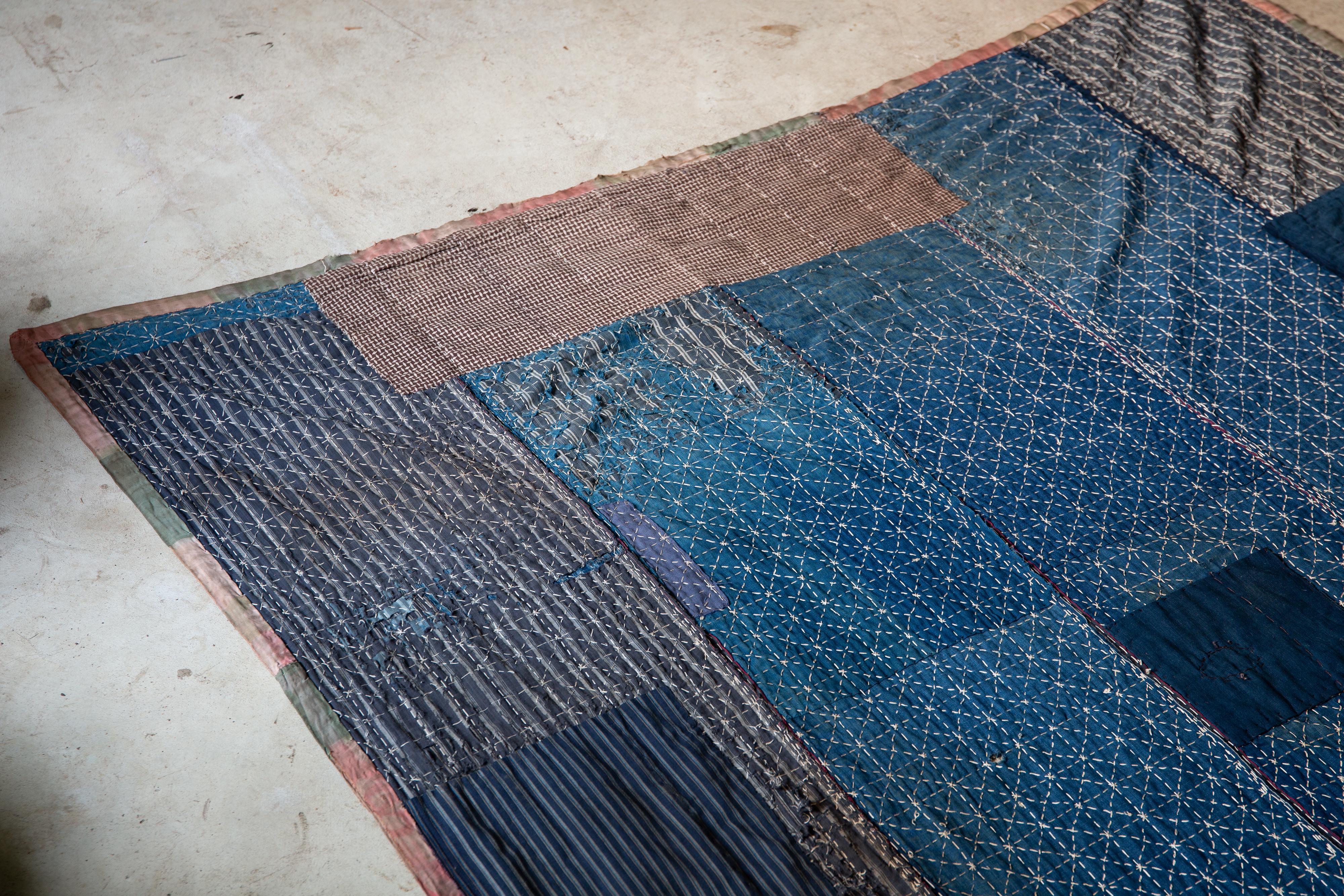 Antique Japanese Indigo Boro textile w/ Sashiko stitching abstract wabi sabi For Sale 2