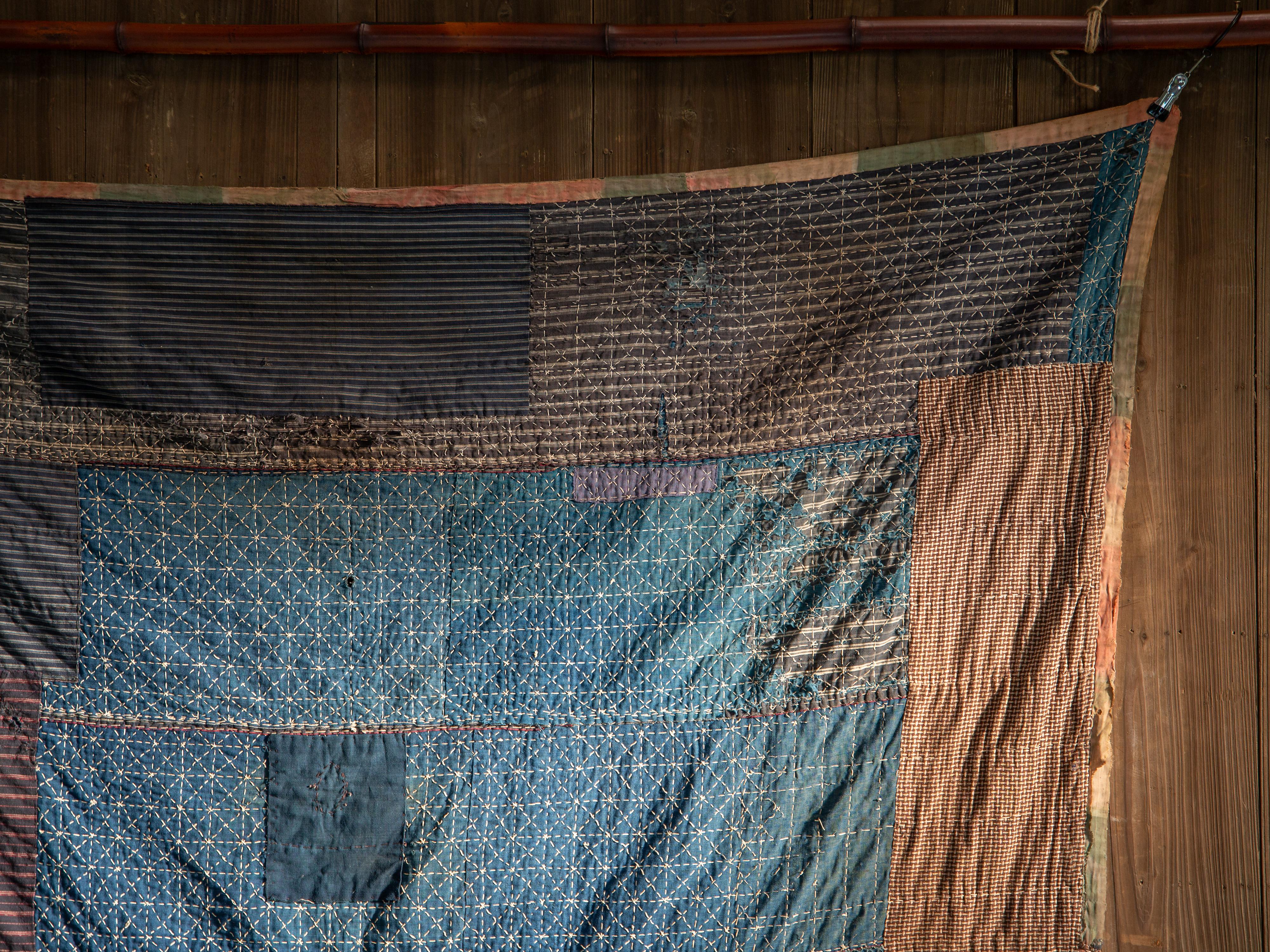 Antique Japanese Indigo Boro textile w/ Sashiko stitching abstract wabi sabi For Sale 6