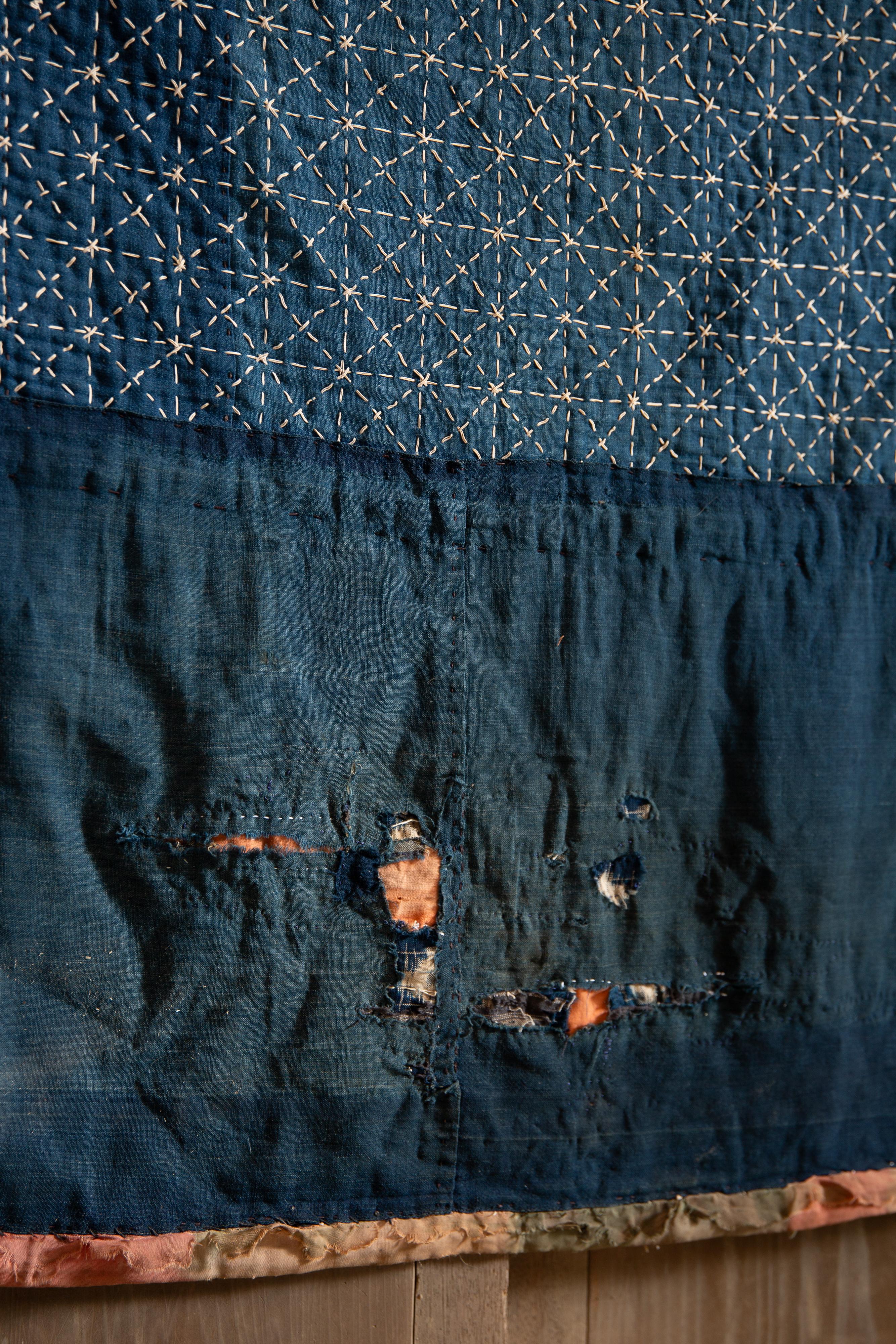 Antique Japanese Indigo Boro textile w/ Sashiko stitching abstract wabi sabi For Sale 9