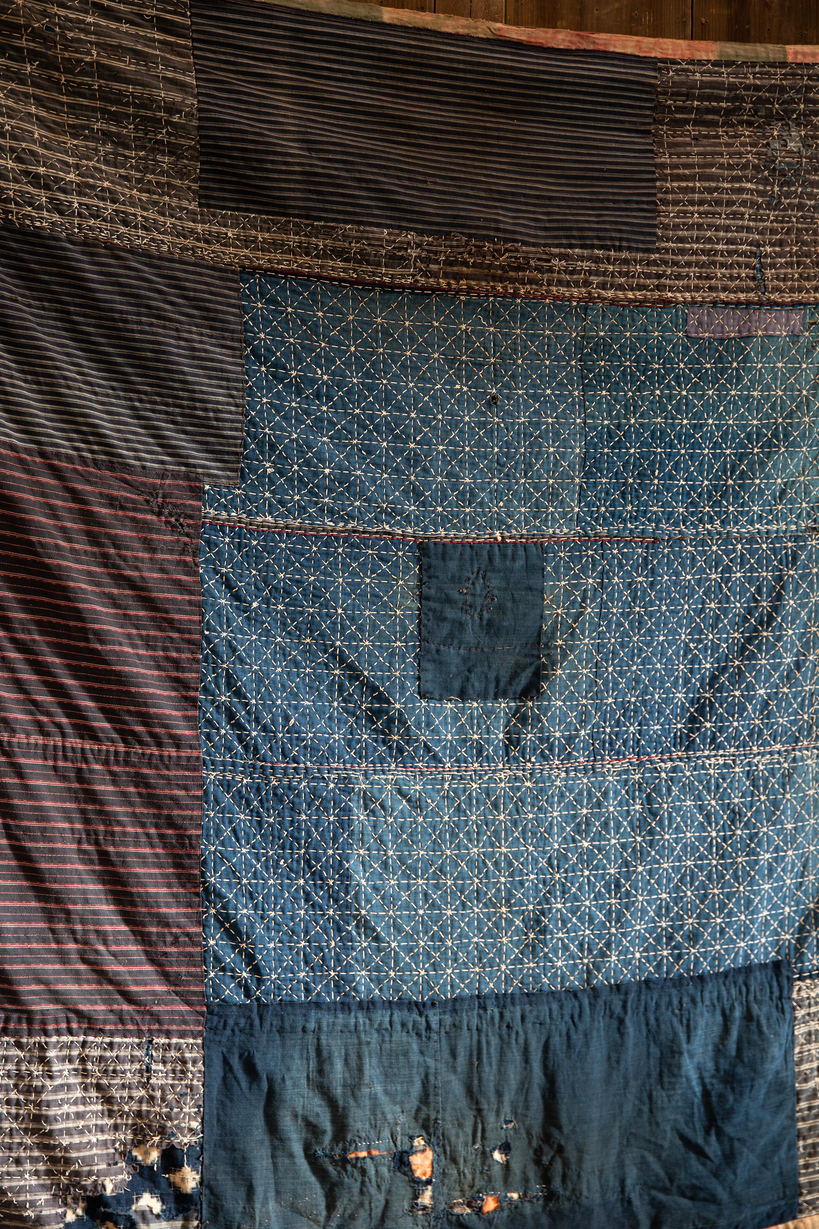 Folk Art Antique Japanese Indigo Boro textile w/ Sashiko stitching abstract wabi sabi For Sale