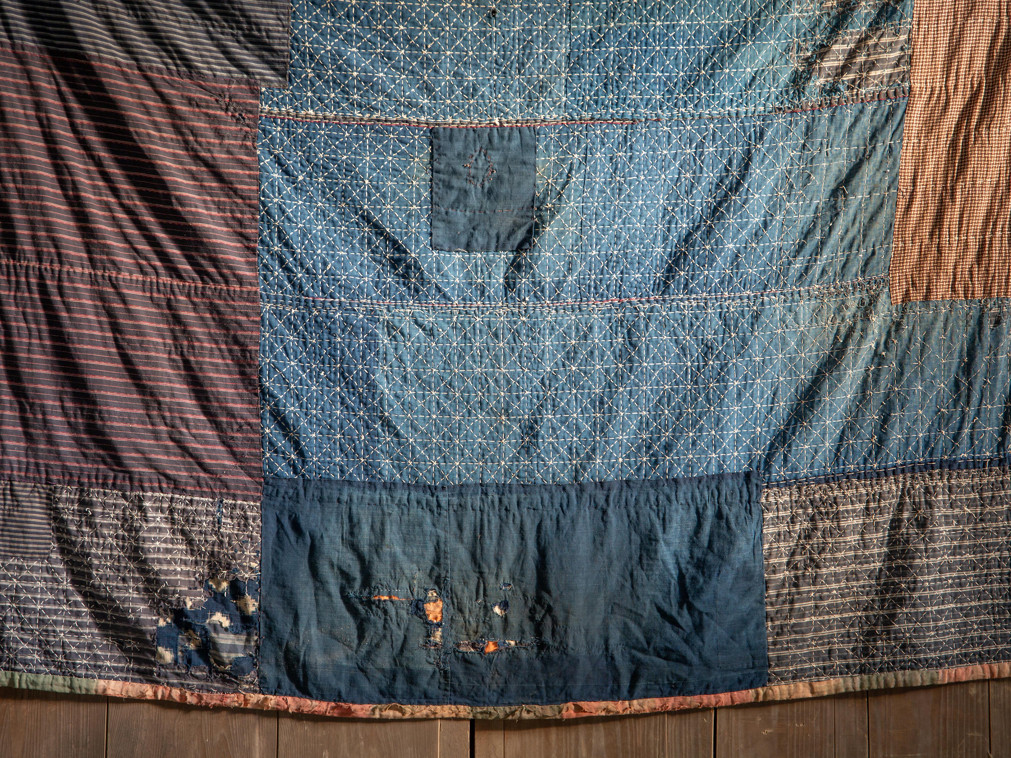 Hand-Woven Antique Japanese Indigo Boro textile w/ Sashiko stitching abstract wabi sabi For Sale