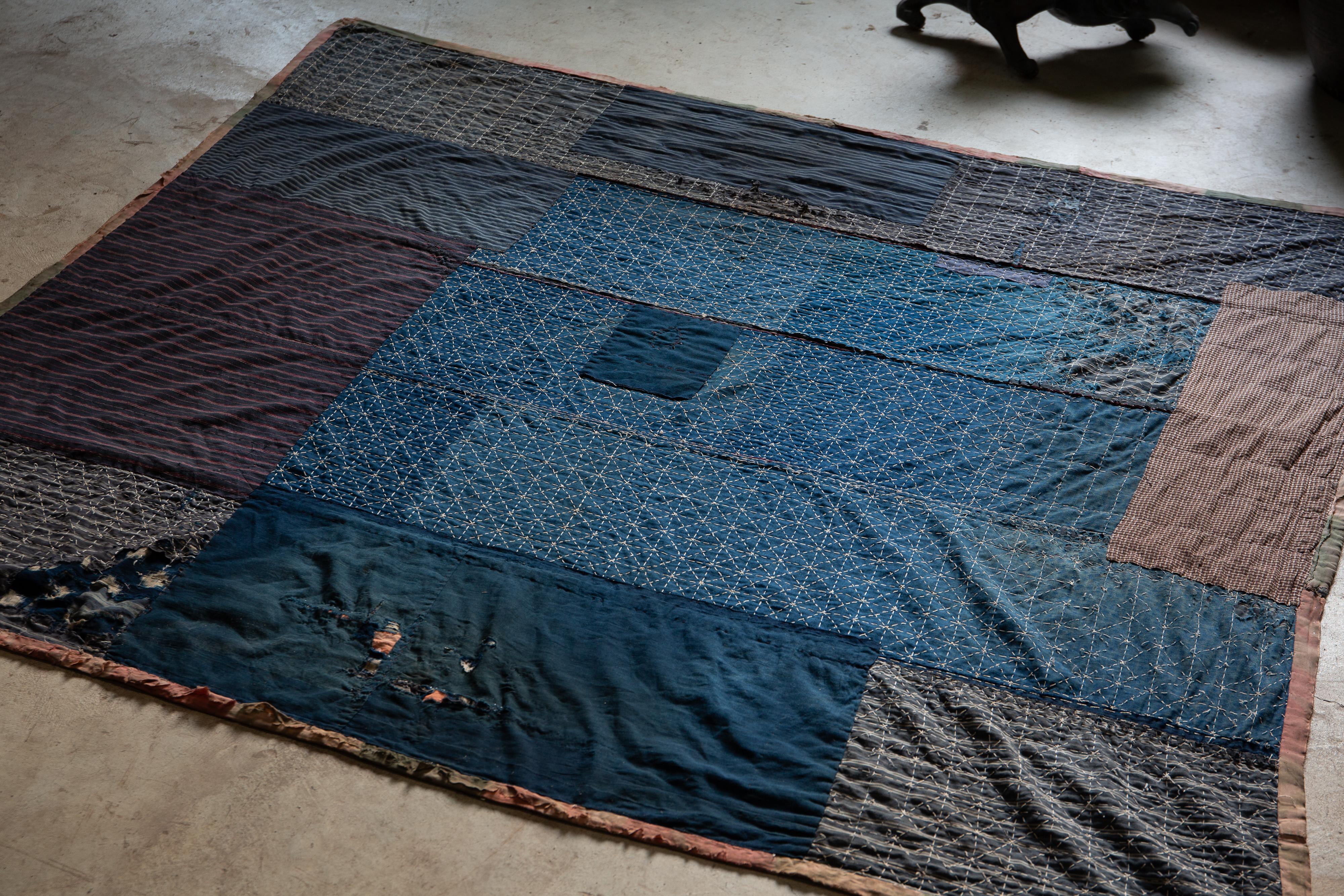 20th Century Antique Japanese Indigo Boro textile w/ Sashiko stitching abstract wabi sabi For Sale