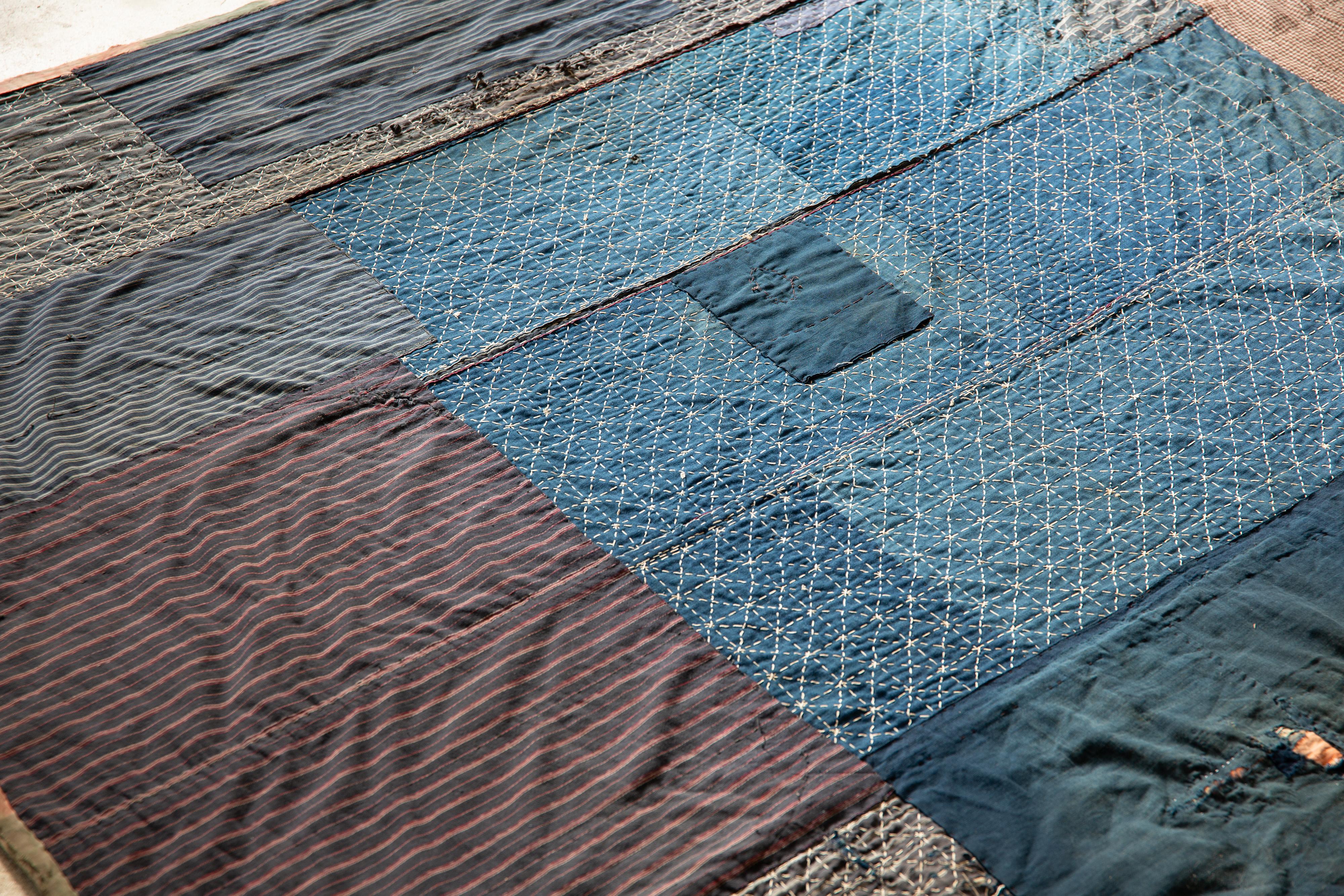 Cotton Antique Japanese Indigo Boro textile w/ Sashiko stitching abstract wabi sabi For Sale