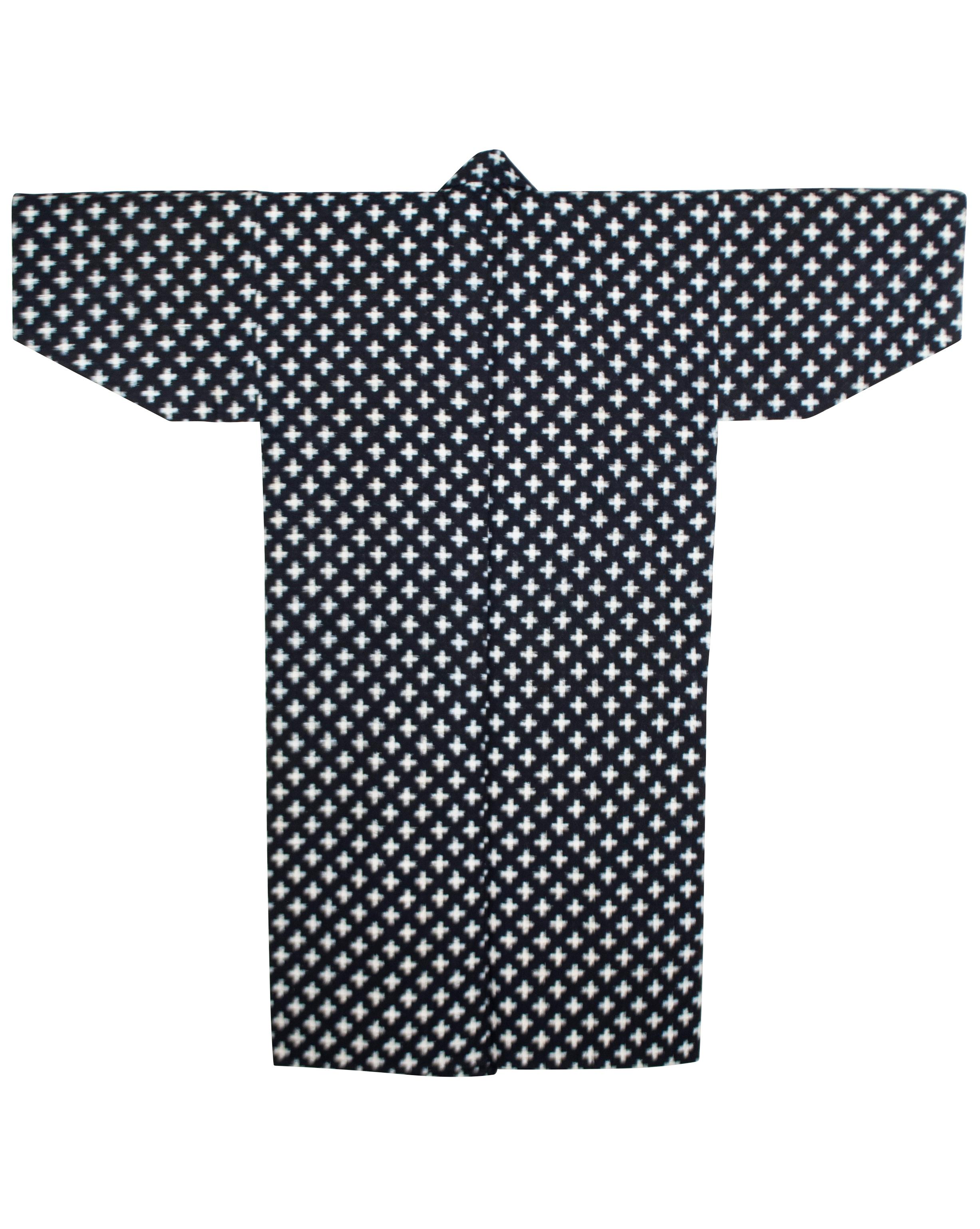 Antique Japanese Indigo-Dyed Double Ikat Kimono

This deeply saturated indigo-dyed kimono is made of heavy-weight hand-spun cotton and precisely patterned in double ikat with an all-over small ‘+’ design. 
In very good condition with some small