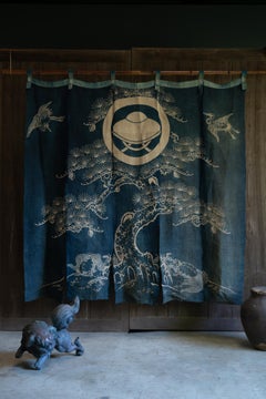 Antique Japanese Indigo dyed hemp tapestry, Noren curtain w/ lucky symbols