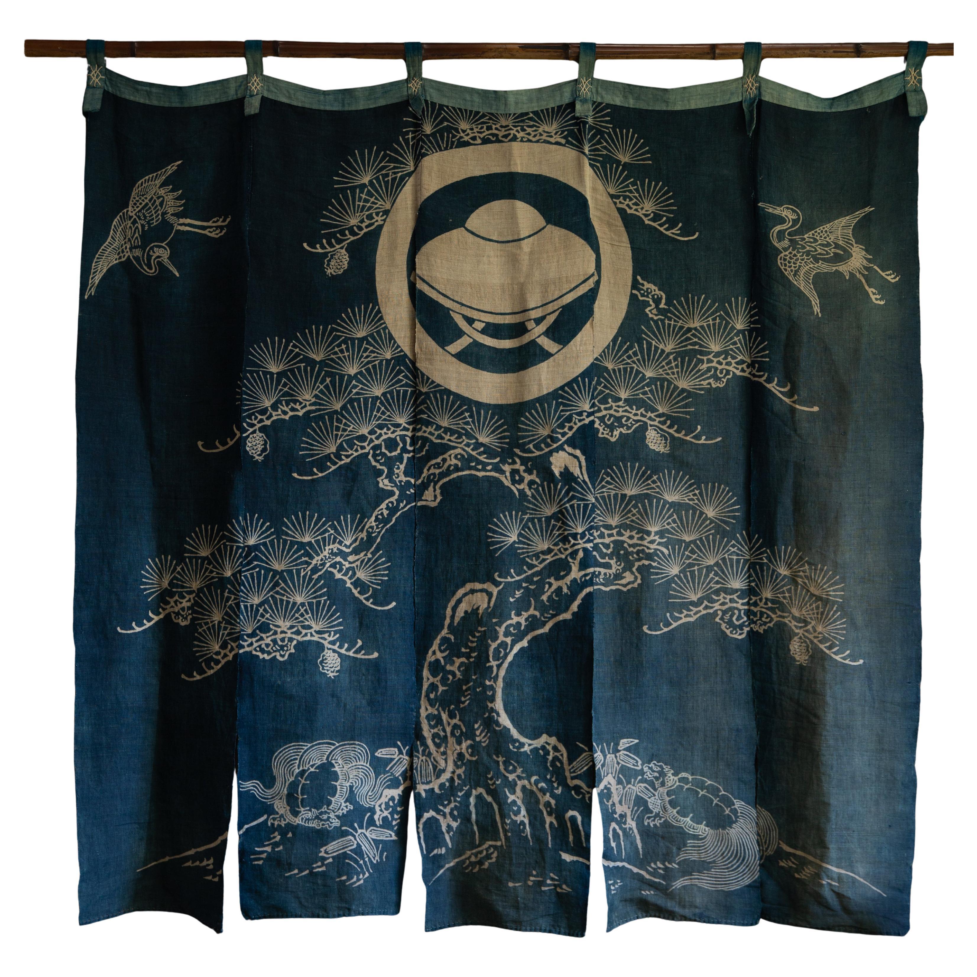 Antique Japanese Indigo dyed hemp textile Noren doorway curtain w/ lucky symbols For Sale