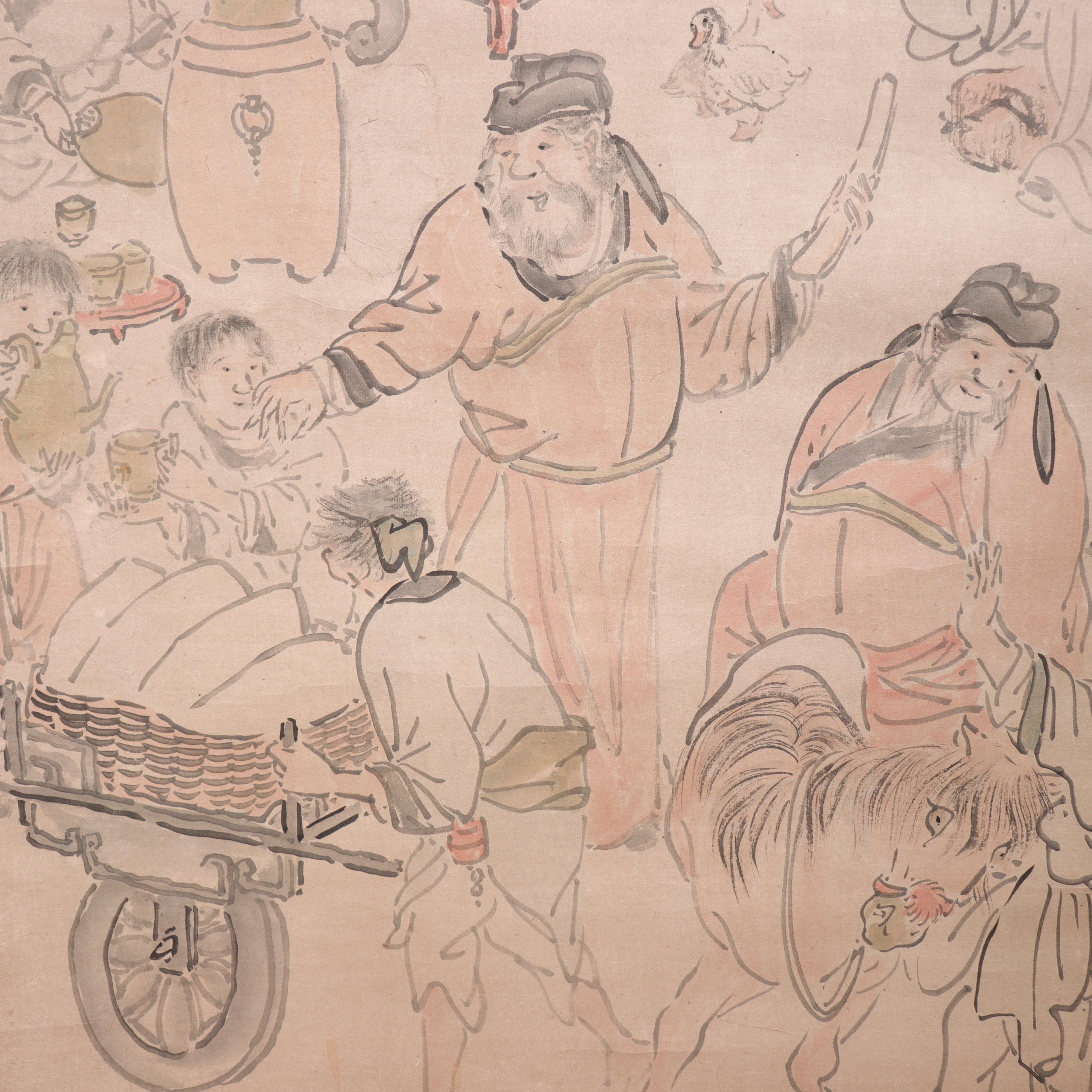 Hand-Painted Antique Japanese Ink Painting of Chinese Poets, Scroll Mounting, Yosa Buson For Sale