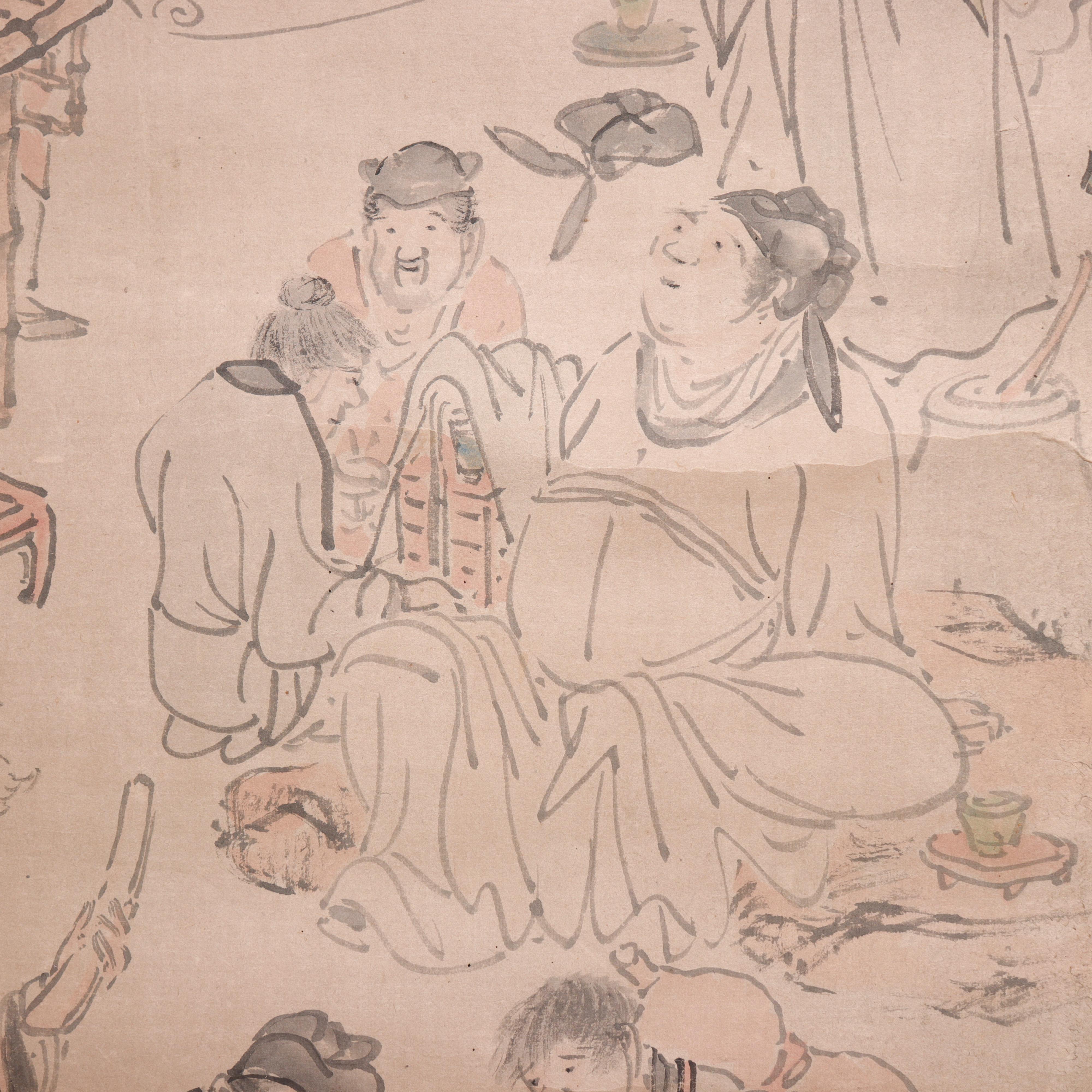 Mid-18th Century Antique Japanese Ink Painting of Chinese Poets, Scroll Mounting, Yosa Buson For Sale