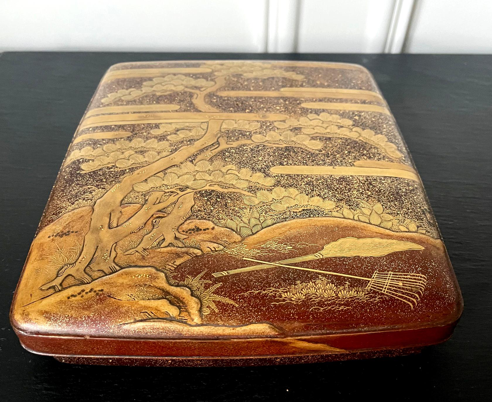 A Japanese ink stone box (known as Suzuribako) with exquisite maki-e decoration from Edo period (18th century-very early 19th century). The box features rounded exterior corner, two inner trays, one for holding brush pens, and the other for holding