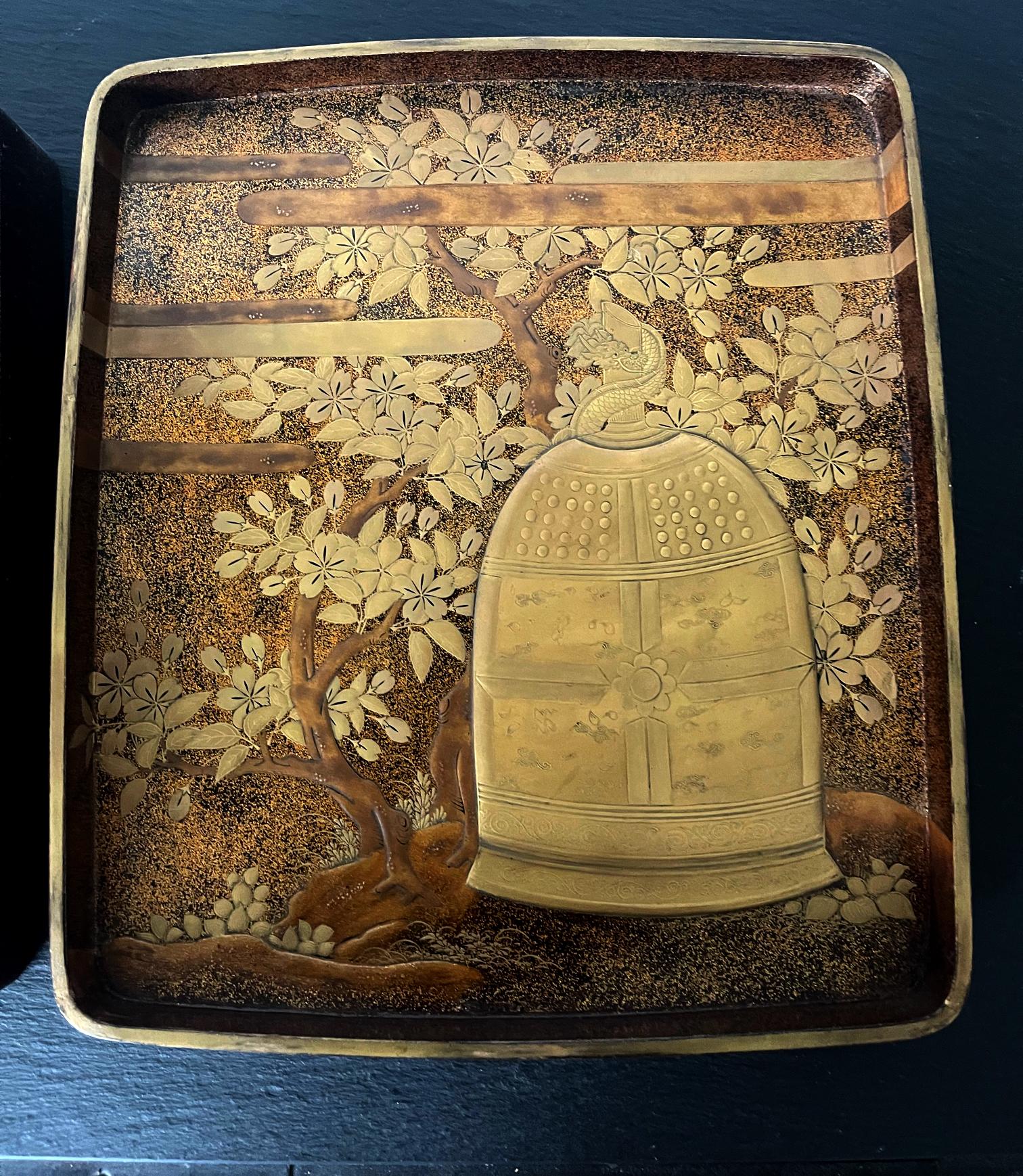 Bronze Antique Japanese Ink Stone Maki-e Lacquer Box Suzuribako